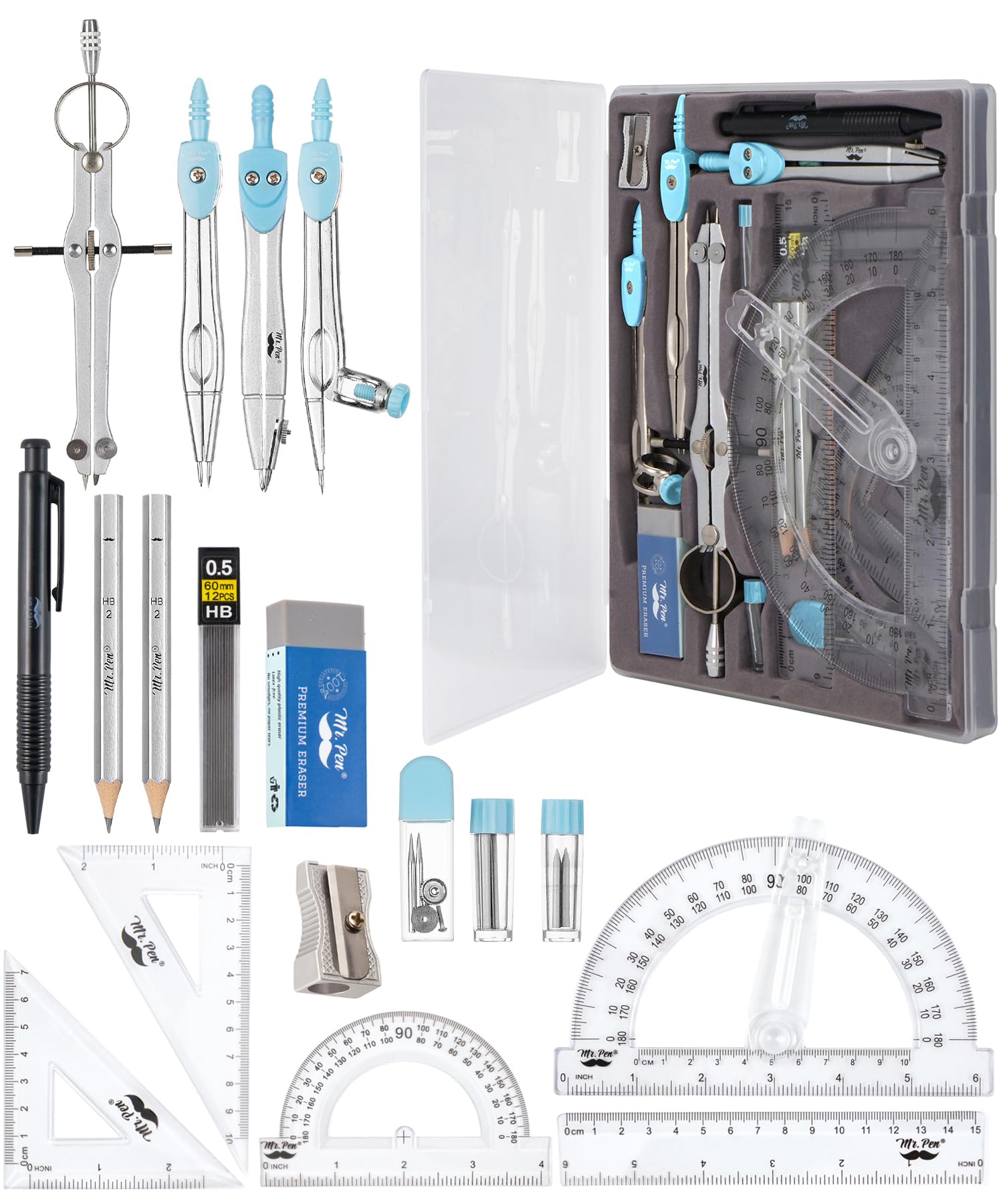 Mr. Pen Colorful Geometry Set - Math Drawing Tools With Ruler, Protractor, Compass & More
