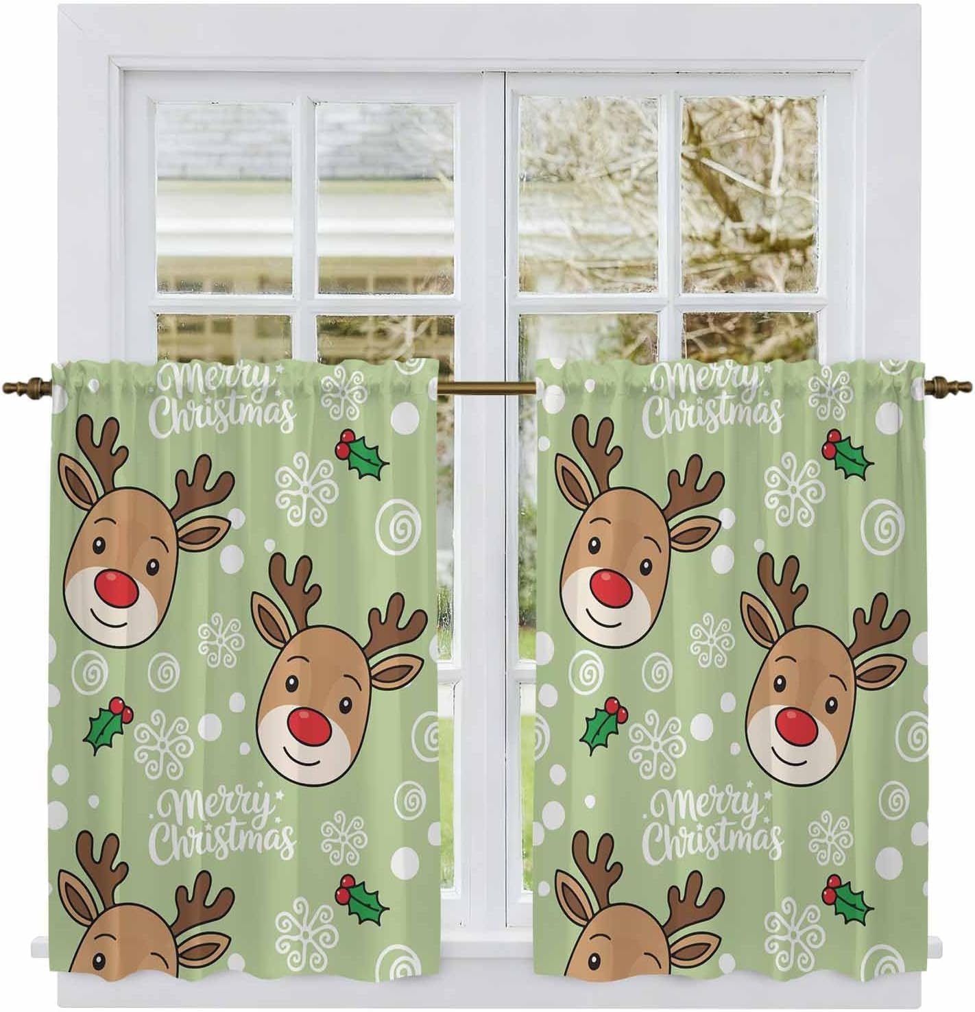 Christmas Green Kitchen Curtains, Xmas Cute Elk Winter Leaves Cartoon Snowflake Light Filtering Window Curtain, 2Pcs Rod Pocket Window Treatments Set for Study Room Bathroom Bedroom 52x54 Inches