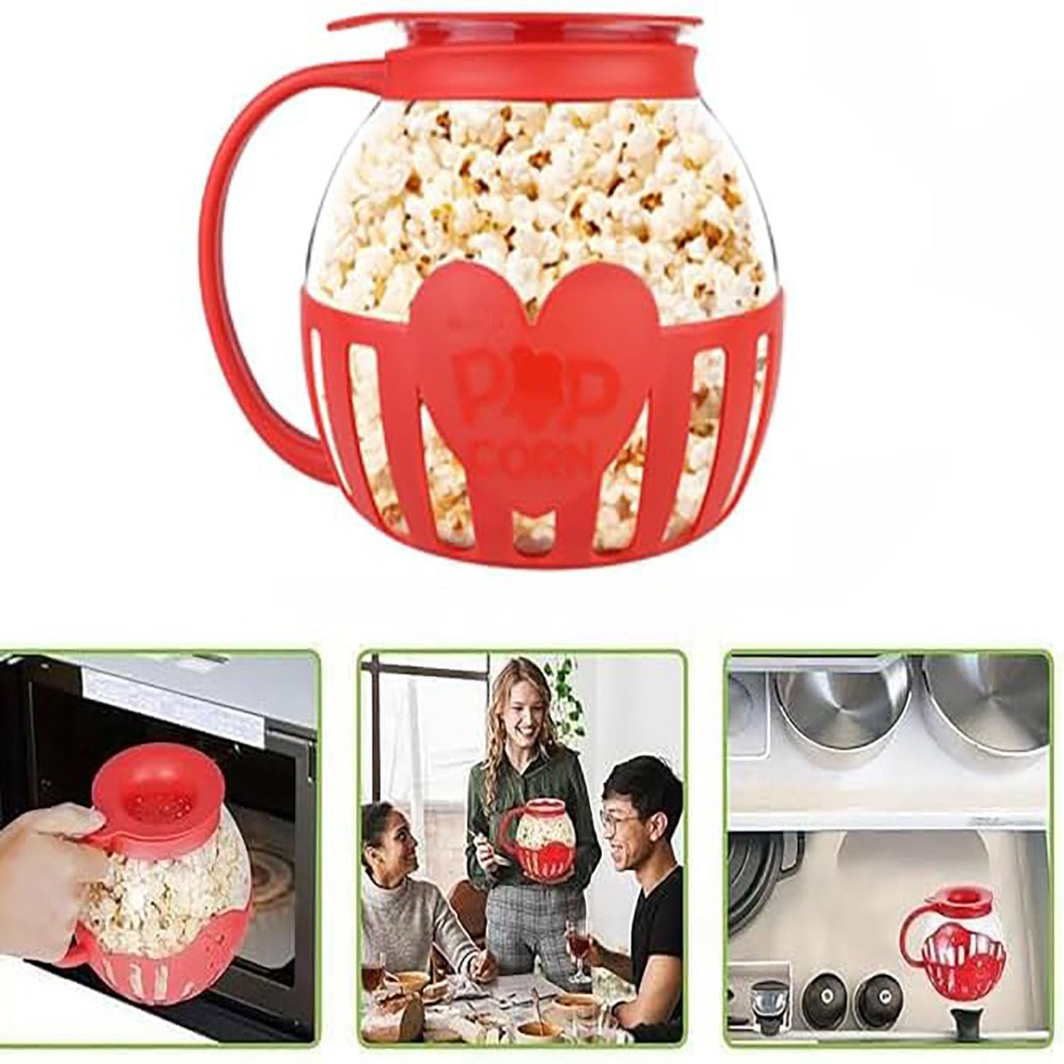 Maszyna do popcornu do kuchenki mikrofalowej, maszyna do popcornu ze szkła borokrzemowego, nadaje się do mycia w zmywarce, idealna na spotkania, imprezy, pikniki, czerwona