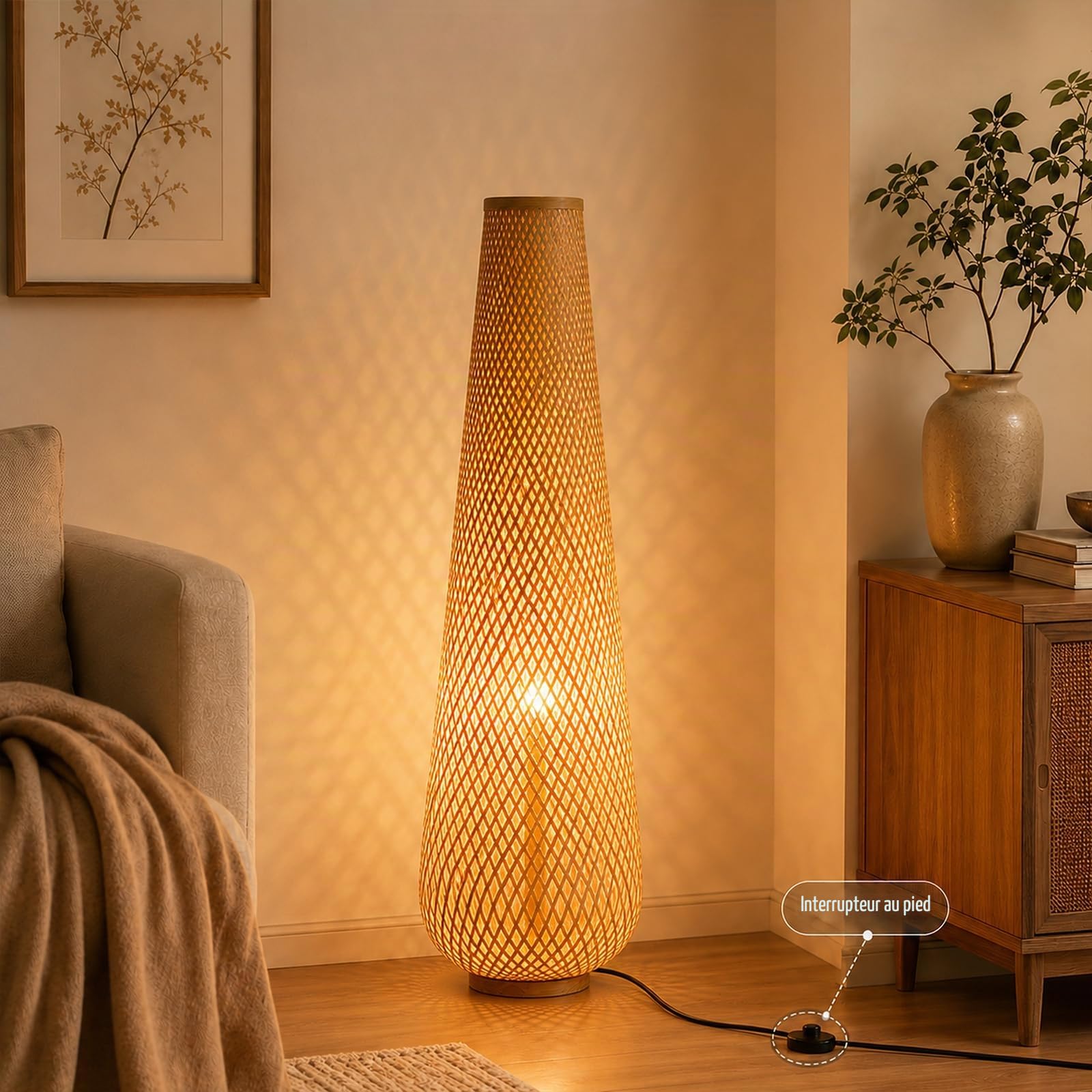 Lampe Sur Pied En Bambou Bohème-rustique, 93 CM, Rotin Et Osier, Inspirée Des Lanternes En Papier, Douille E27, 3 Températures, Socle En Bois, Pour Salon Ou Chambre (Ampoule Incluse)