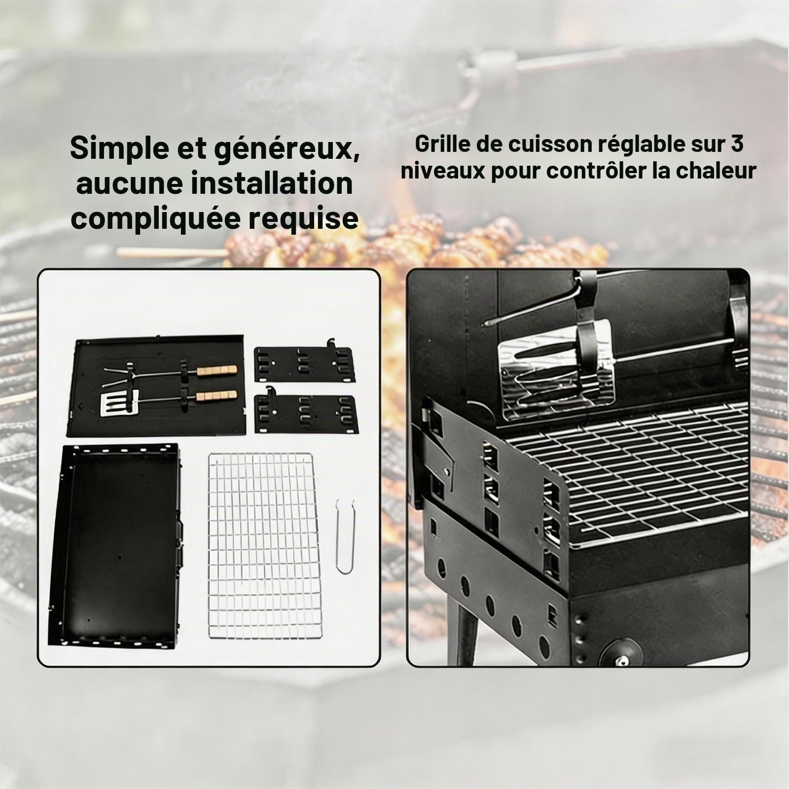 Barbecue Charbon de Bois Pliable Portable avec 3 Niveaux Réglables, BBQ Compact pour Jardin et Camping