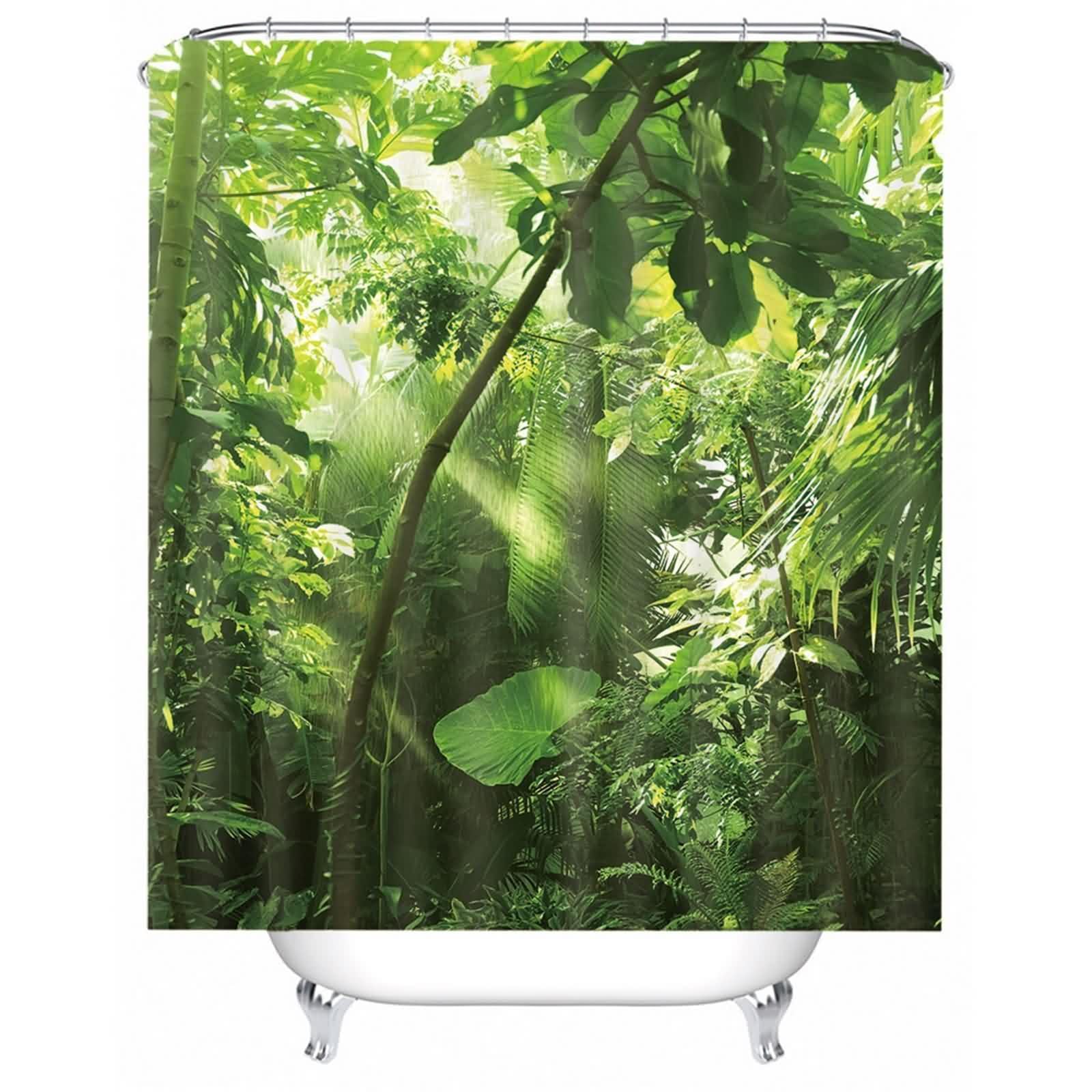Rideau de douche en textile motif plantes pour créer une ambiance forêt
