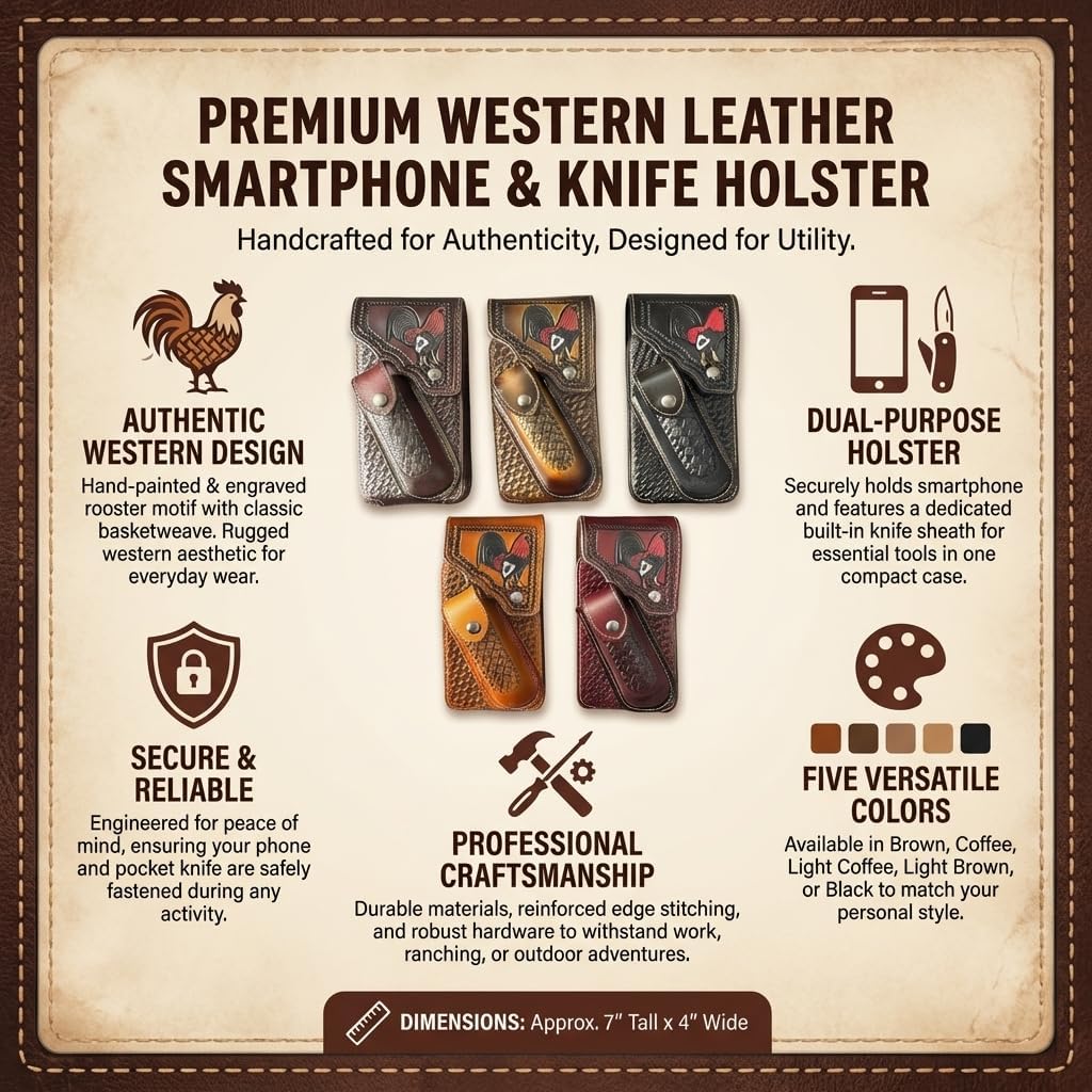 Western Phone Holster with Knife Pouch, Engraved Rooster Basketweave Belt Clip Case for Men (Coffee)