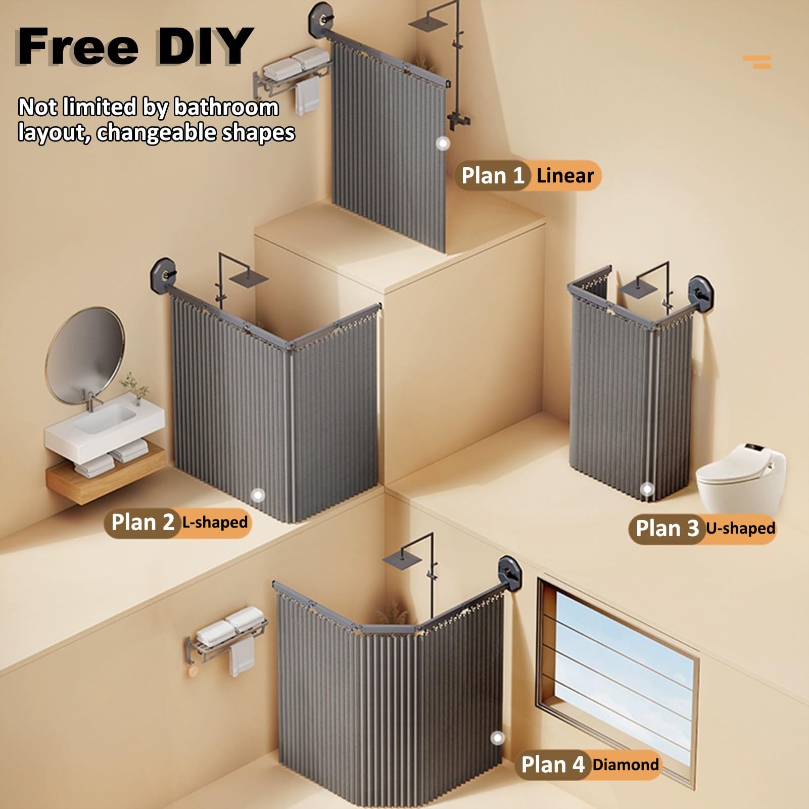 Pieghevole Tenda da Doccia in Lino Impermeabile - Tende da Doccia Antimuffa con Bastone Tenda Vasca da Bagno, Fissaggio a Ventosa Senza Perforazione per Bagno Spogliatoio(Cachi,138 cm+25 cm)