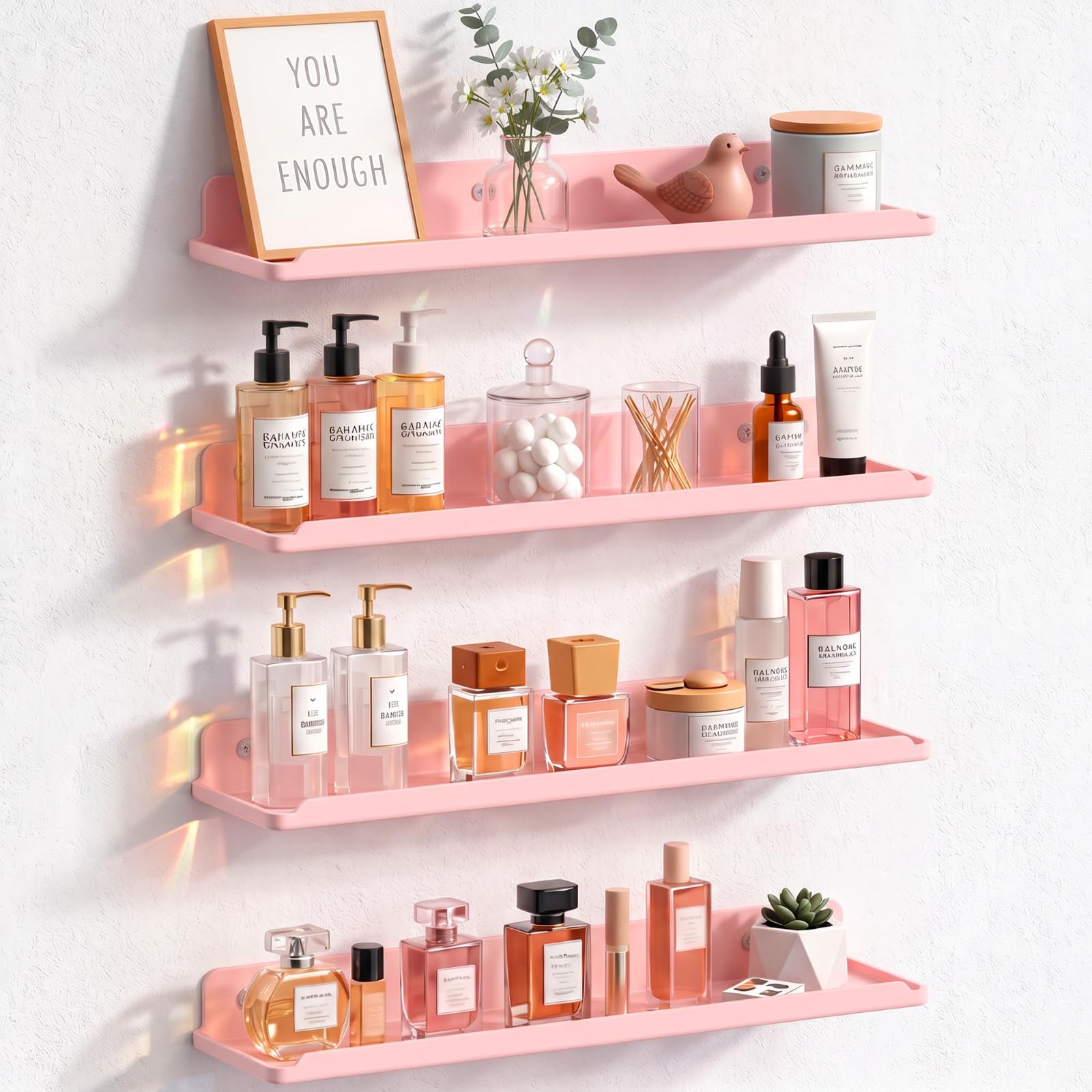 Lifewit Acrylic Floating Shelves for Bathroom 14" Pink, 4 Pack