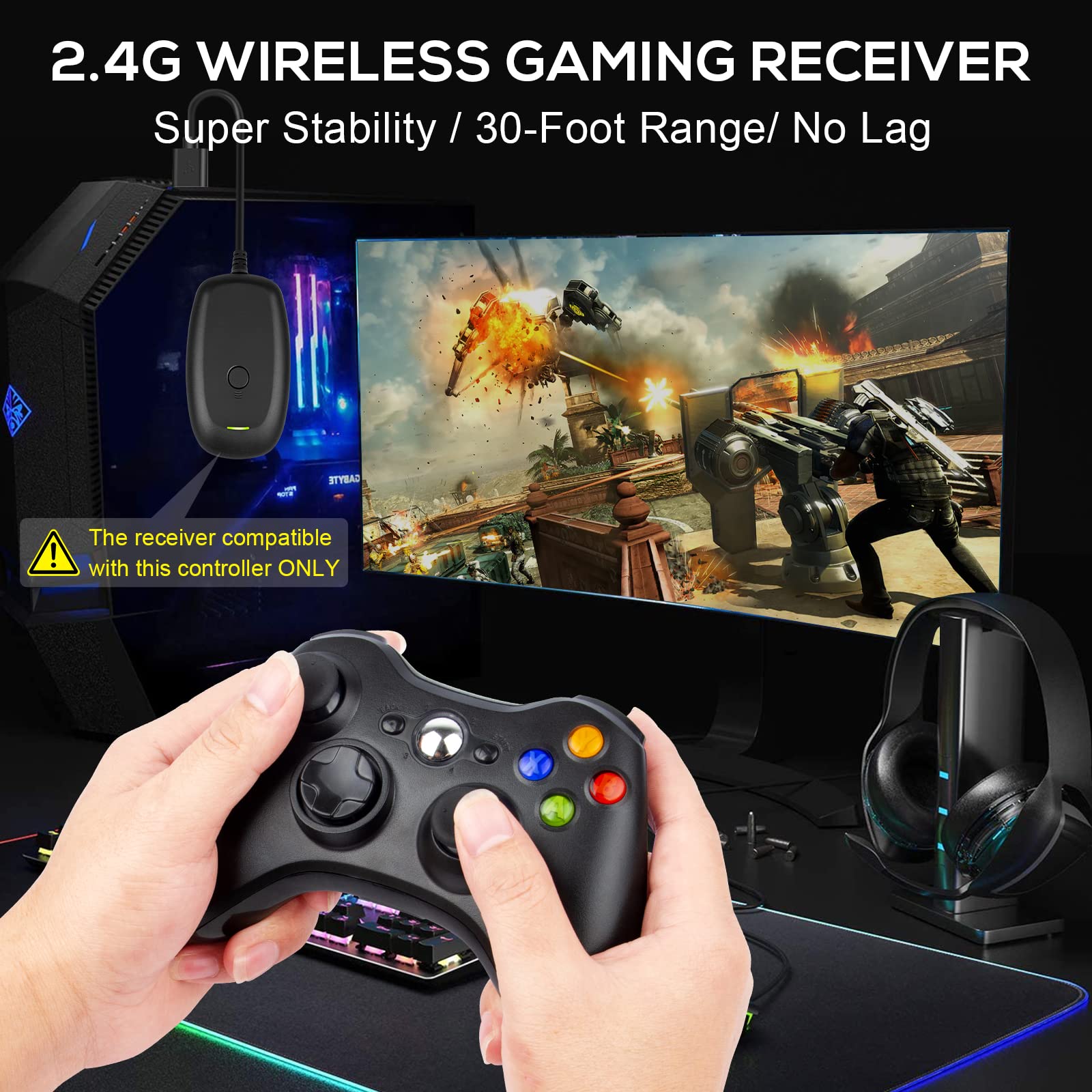 Labtec Controller Wireless per Xbox 360, Gamepad Joystick Wireless 2.4GHZ per Console Xbox 360 & Slim e PC Windows XP/7/8/10/11 (Nero)