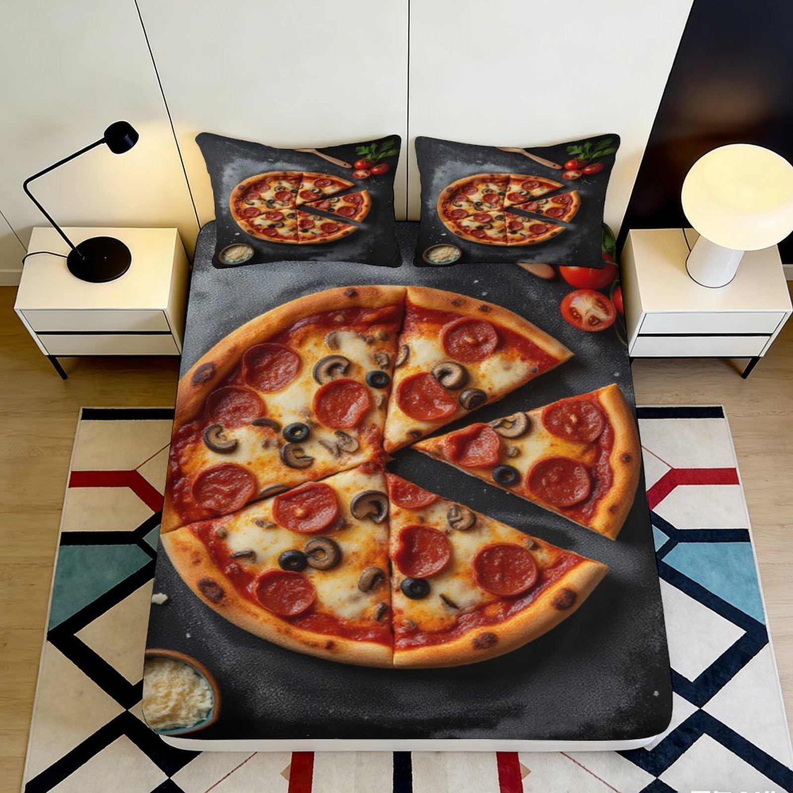 3D Printed Pizza Slice Fitted Sheet Microfiber Soft Breathable Pepperoni Bed Cover for Bedroom Guest Room Dorm Decor Mattress Protection 90x200x25cm