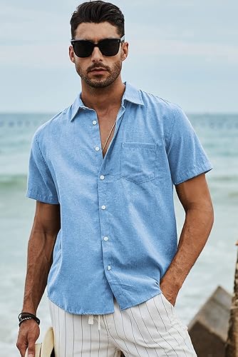 Miniatura 188 de JMIERR Camisas de vestir a rayas con botones y manga corta para hombre