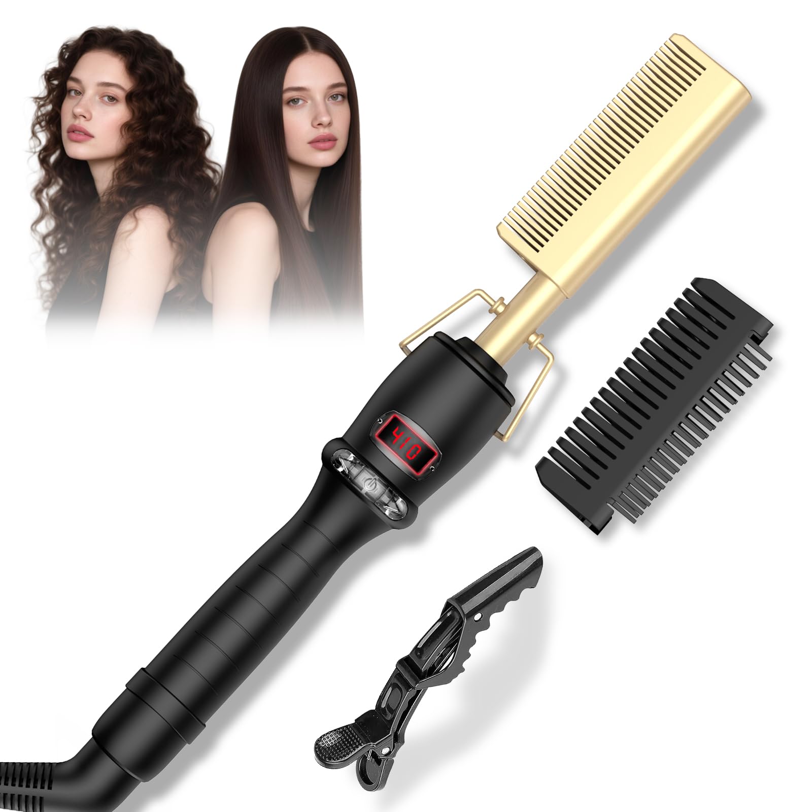 Hot Comb Electric for Wigs,410? Hot Comb for Black Women Hair,12 Temp Settings Hair Straightener,Portable & Double Voltage for Travel & Home