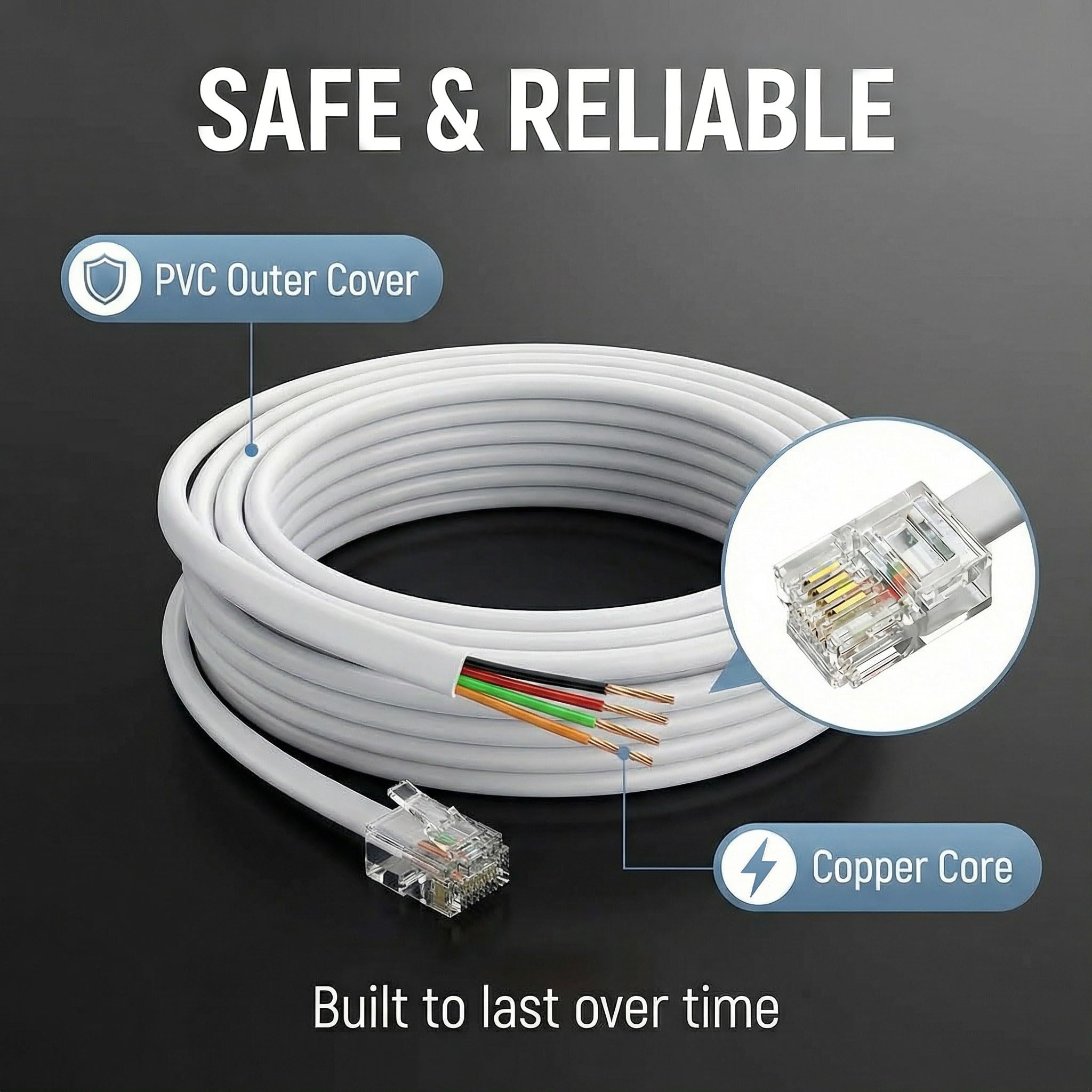 Cavo di prolunga per telefono, lungo 4,5 m, con spina RJ11 standard e accoppiatore in linea telefonico RJ11 splitter e 15 supporti per cavi, bianco