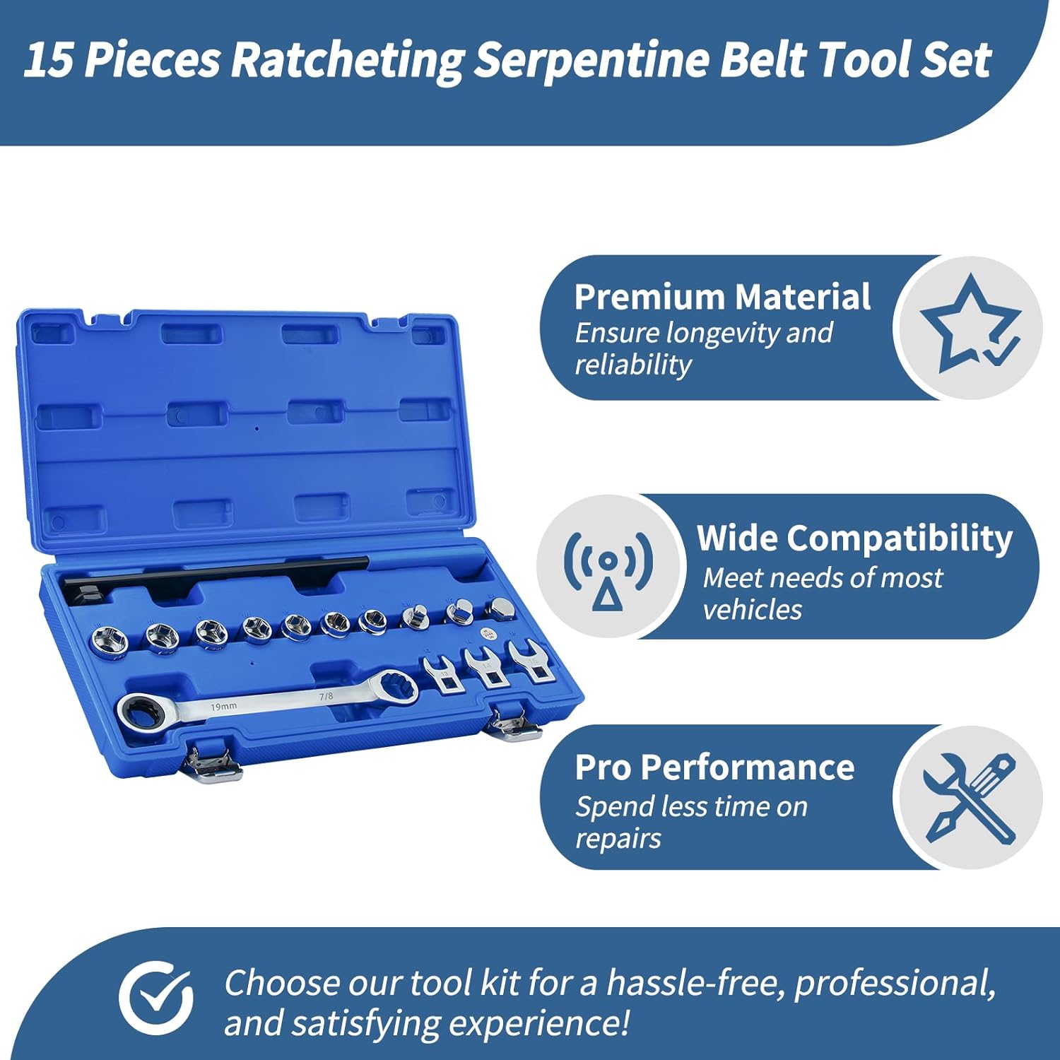 15 Pieces Ratcheting Serpentine Belt Tool Set Ratcheting Serpentine Belt Tensioner Tool Kit with Ratcheting Wrench, Crowfoot Wrenches, Socket Adapters, 6-Point Sockets