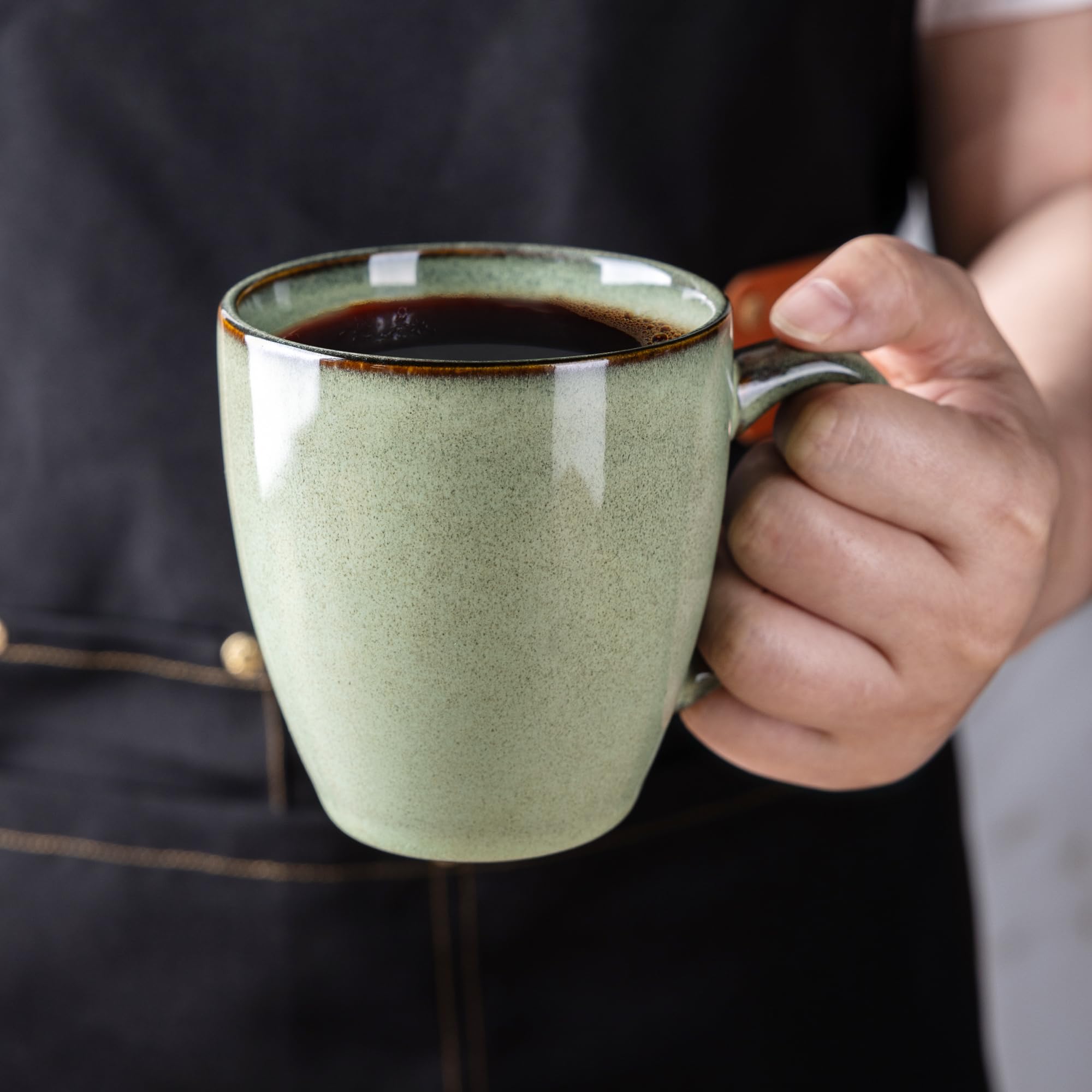GBhome Juego de 4 tazas de café de cerámica, 340 ml, tazas de gres para papá, mamá, mujer, hombre, tazas ligeras para latte, té, cerveza, chocolate caliente, lavavajillas y microondas, color verde