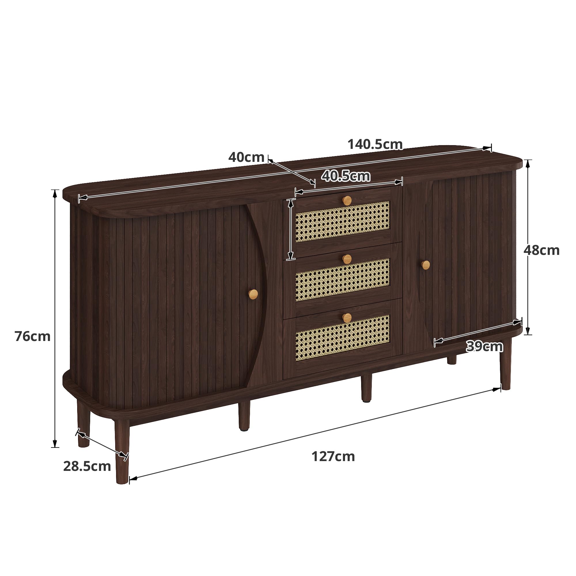 Merax Rattan Sideboard Kommode mit 3 Rattan Schubladen und 2 Schiebetüren, Sideboard Holz Küchenschrank Buffet mit verstellbaren Einlegeböden, gewölbter Platte Design, Walnuss/140.5x40x76cm