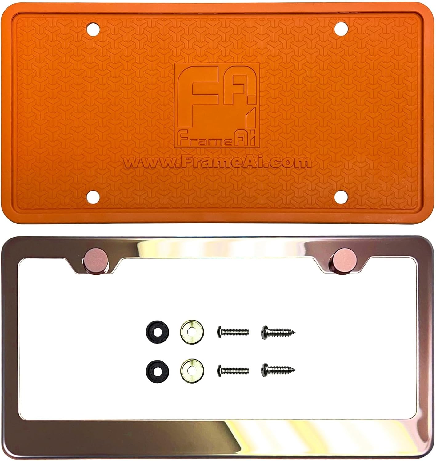 Silicone Back Guard License Plate Frame Rose Gold Mirror Chrome Electroplating Universal Fit Aluminum Screw On Cap Cover, T304 Stainless Steel, Rust Proof Weather Proof (Qty: 1 Frame)