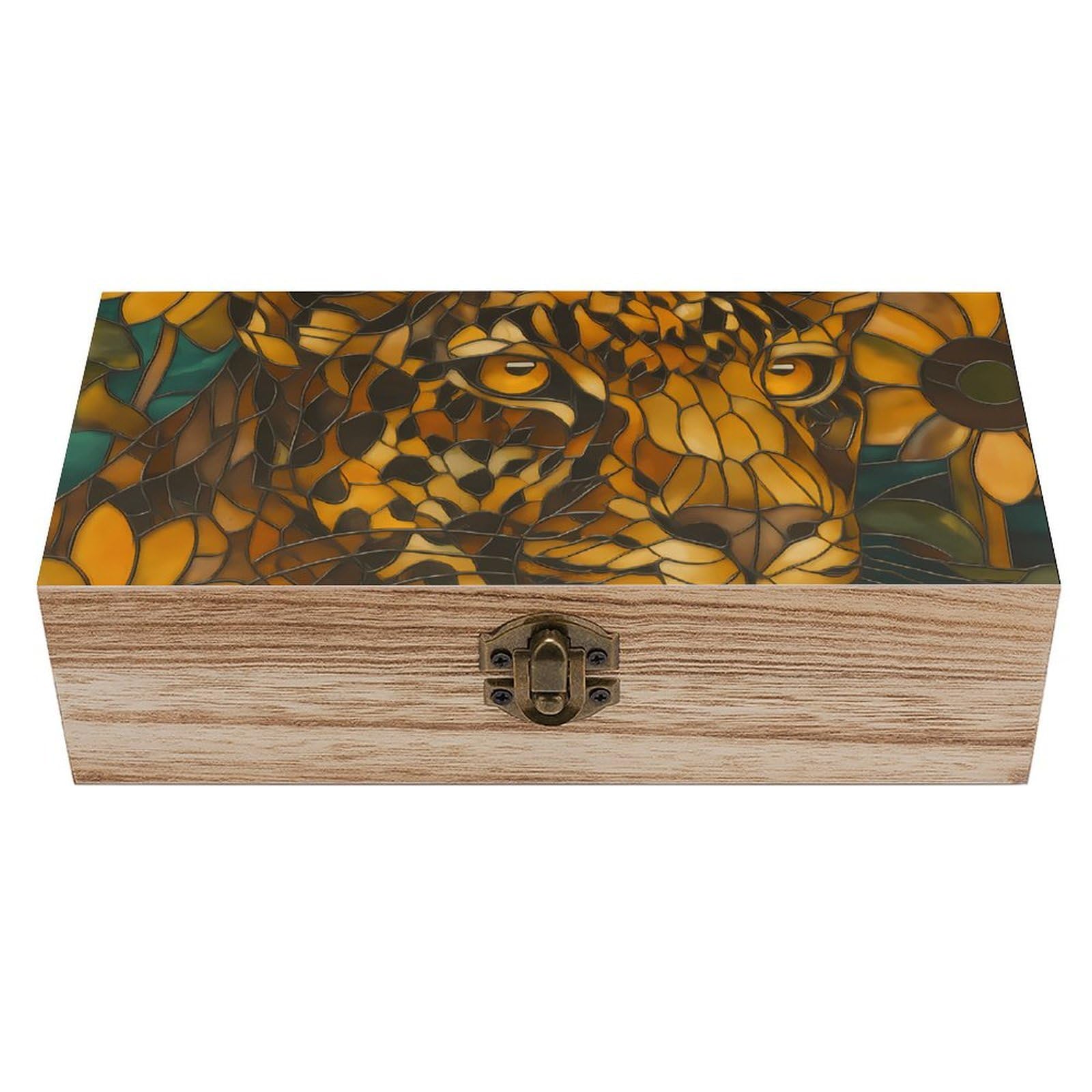 Oudrspo Stained Glass Leopard & Sunflower Retro Wooden Storage Box Keepsake Jewelry Decorative Art Storages Box Gift Boxs