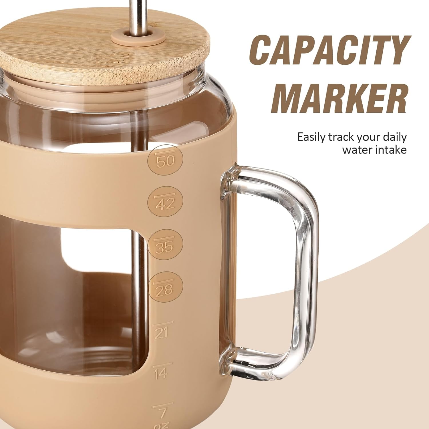50 oz Glass Water Bottles with Silicone Sleeve,Glass Tumbler with Lid and Straw,Iced Coffee Cup with Handle,BPA Free-Amber - Image 4