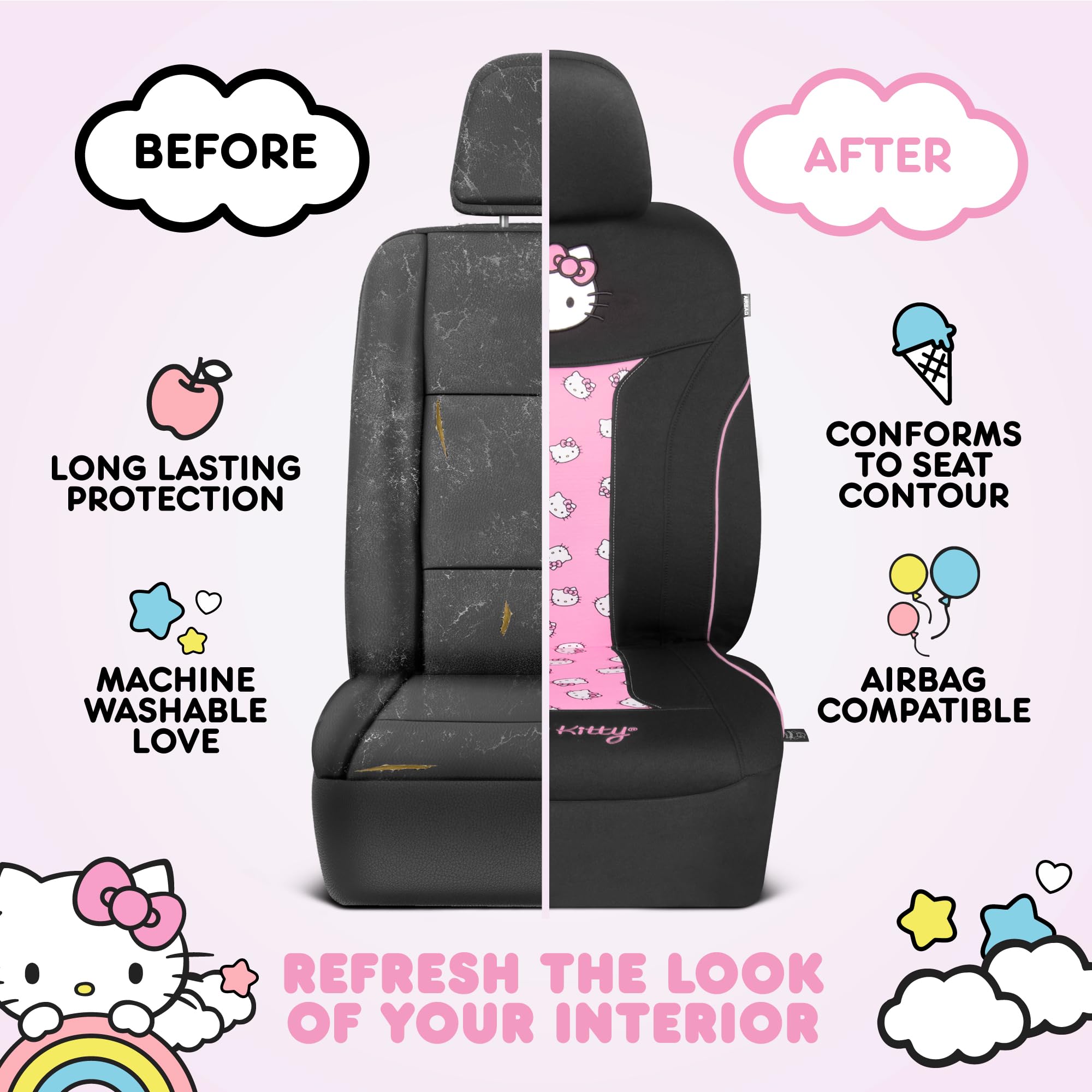 Carbella Cinnamoroll Car Seat Covers, Car Floor Mats, Steering Wheel Cover, Windshield Sun Shade for Car Gift Pack Car Air Freshener Black and Blue Hello Kitty Car Accessories for Women 9pc Combo: Covers & Carpet Mats-Red Hello Kitty