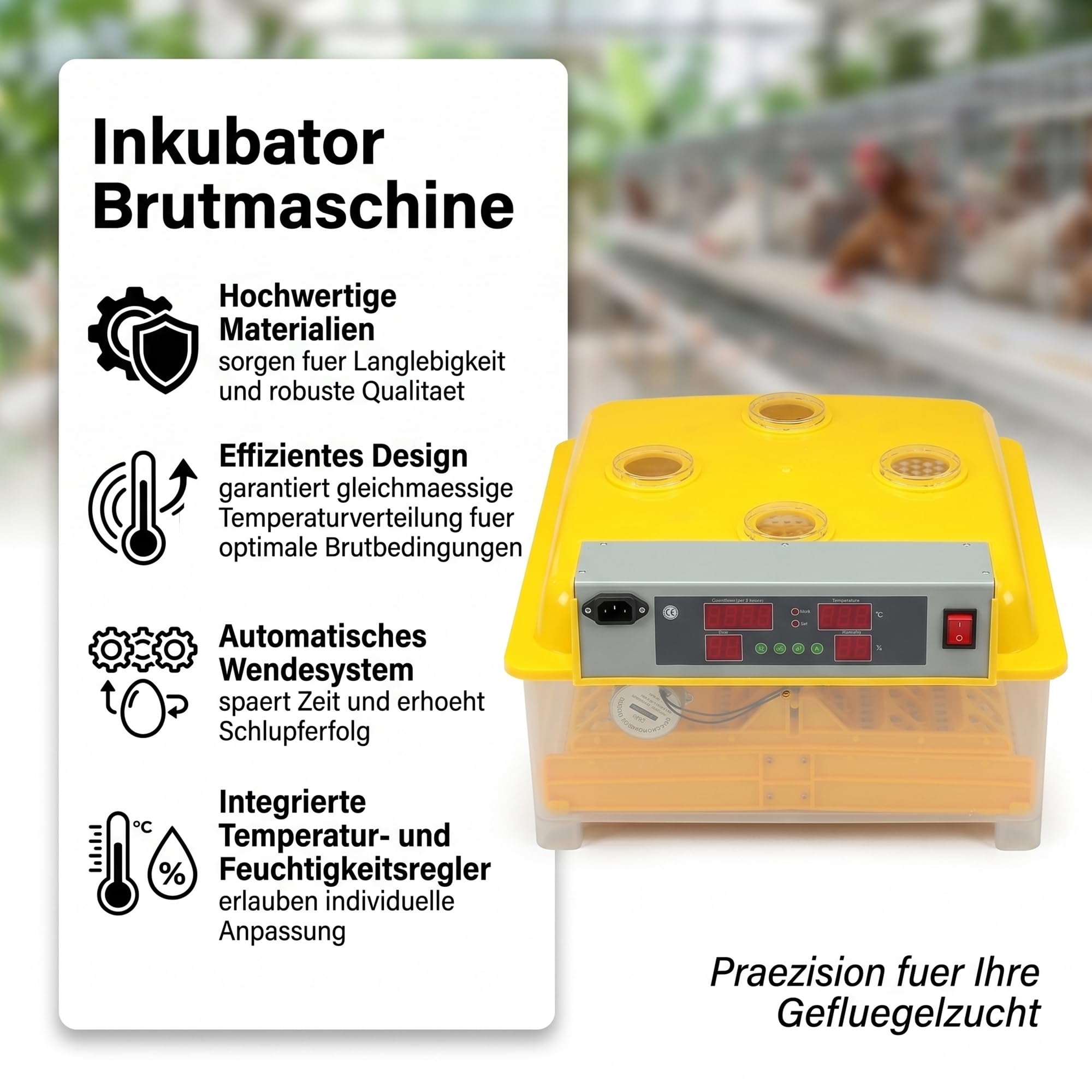 Mucola Brutautomat Brutmaschine vollautomatisch 48 Eier Inkubator Gelb | Automatische Wendung und Temperaturregelung, Anzeige für Luftfeuchtigkeit und Brutzeit, inkl. Schierlampe, für Hühner, Enten