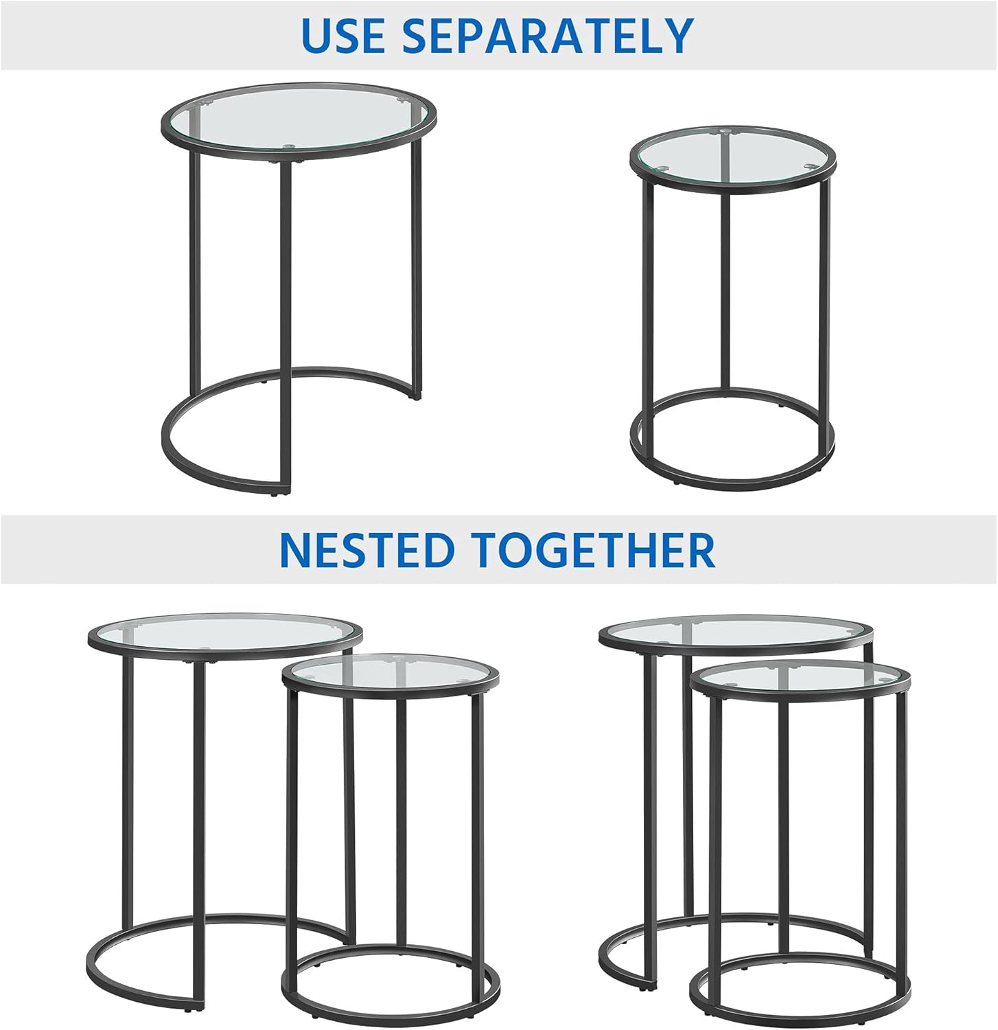 Topeakmart Round Nesting Side Tables,Accent Table Set,Little End Table Combo w/Metal Frame & Glass Top, Easy Assembly for Living Room, Bedroom, Guestroom, Office, Apartment,Small Space-Black