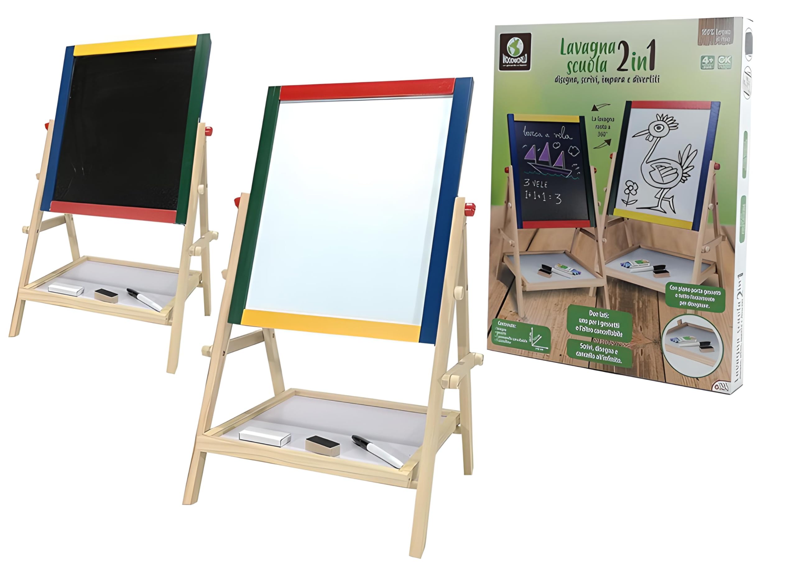 Lavagna Doppia Faccia 3 In 1 Per Bambini - Con Cavalletto, Pennarelli, Gessi E Magnet, Verticale/Orizzontale, 115x42x39 Cm