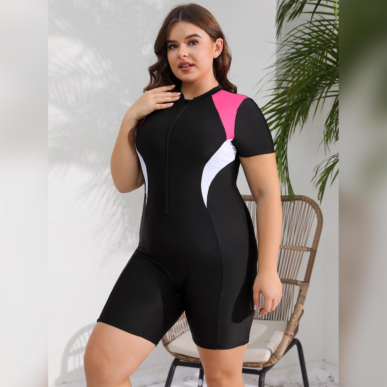 Traje de baño de talla grande para mujer, traje de baño de manga larga con cremallera, protector de erupción de alta elasticidad, traje de baño de una pieza, traje de baño modesto con