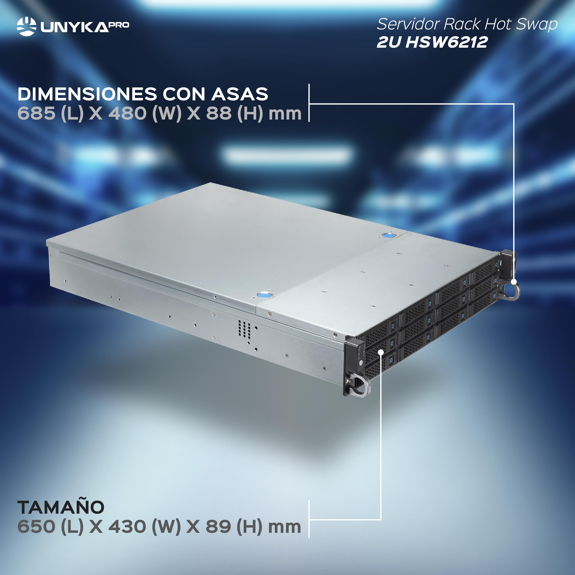 UNYKAch Chasis Rack Hot Swap HSW6212 (Sustitución de Bahías en Caliente) 2U, ATX, 12 Bahías Compatibles con Discos de 3,5″ o 2.5”, 4 Ventiladores de 80 mm, 2 USB 2.0