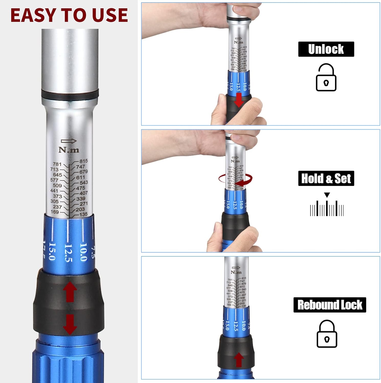 BULLTOOLS 3/4-Inch Drive Click Torque Wrench, 48-tooth High Accuracy Torque Wrench Set with a Hex Key 100-600ft.lb / 135-815Nm