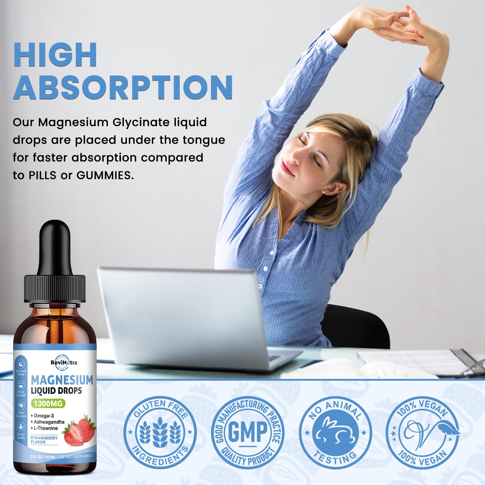Triple Magnesium Complex Liquid Drops, 1300mg Magnesium Glycinate, Taurate & Citrate with Omega3, L-Theanine, Ashwagandha, Potassium, D3, B6, B12 for Calm, Sleep, Muscle, Strawberry Flavor, 2 Fl OZ — Amazon image 7