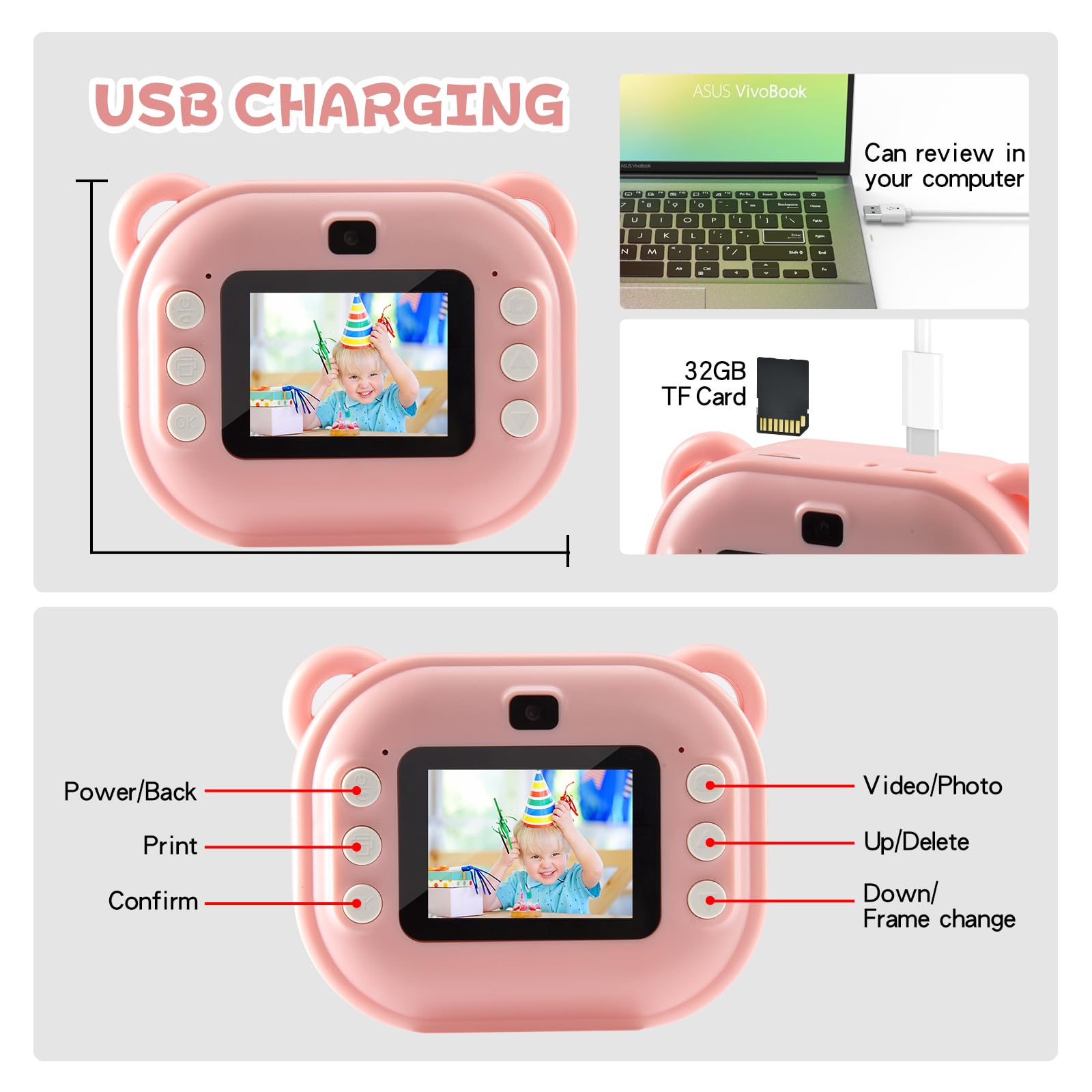 Fotocamera per Bambini per Ragazze e Ragazzi, Fotocamera Giocattolo con Stampa Istantanea per Bambini, dai 3 ai 14 Anni, Fotocamera Digitale per Bambini HD da 32 GB (Rosa)