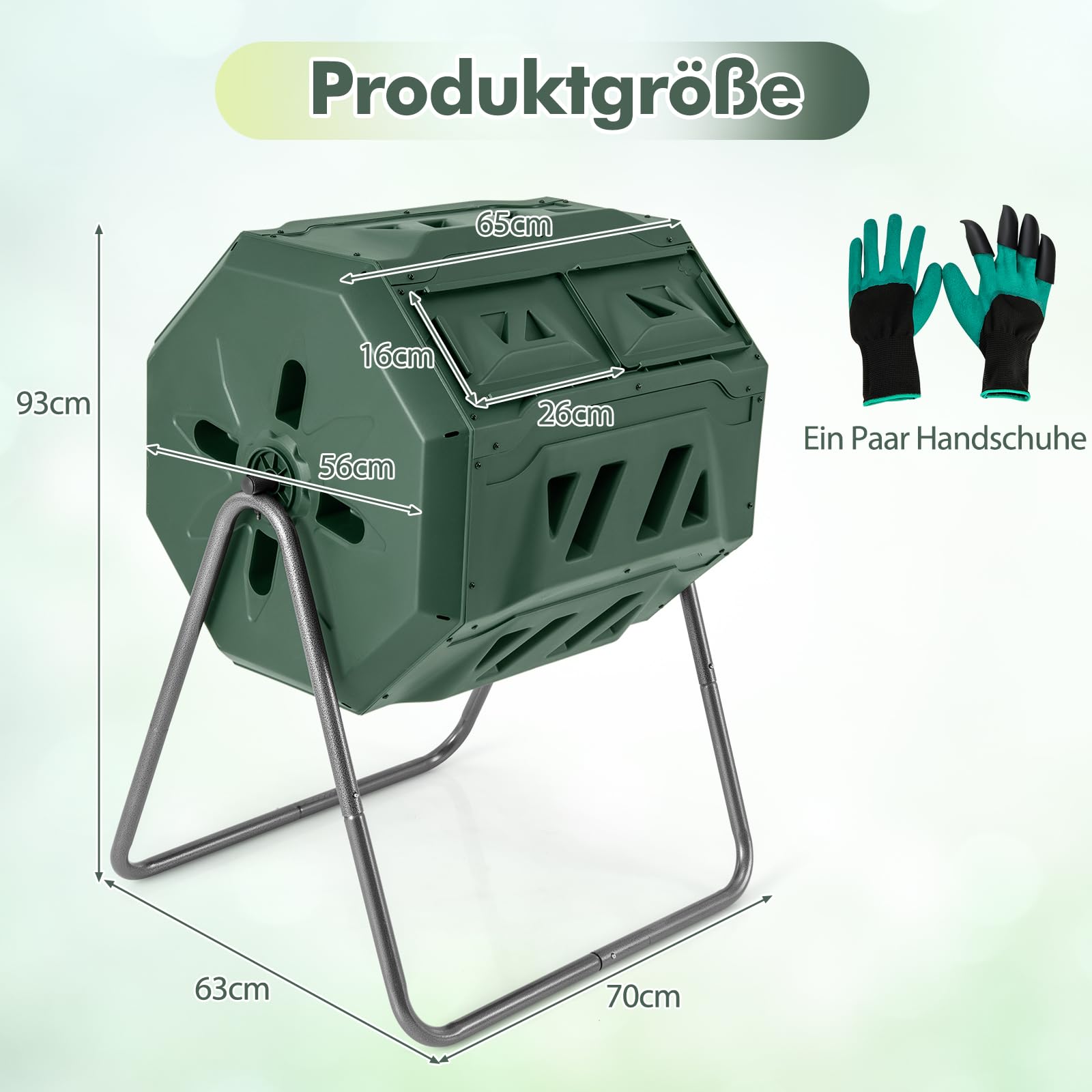 GOPLUS Compostador de tambor de 160 L, con 2 cámaras, 2 puertas correderas, marco de metal y 16 rejillas de ventilación, sin BPA, compostador de jardín para residuos orgánicos y de jardín, incluye