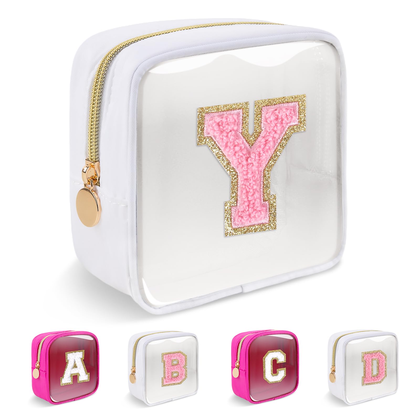 Personalized Initial Letter Clear Preppy Makeup Bag Mini Nylon Chenille Letter Cosmetic Bag Cute Zipper Pouch Purse for