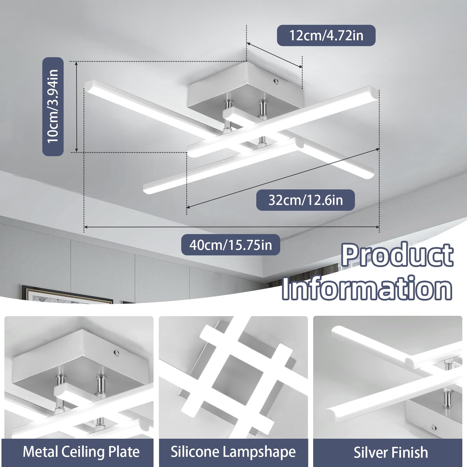 EIDISUNY Modern Ceiling Light LED, 24W Silver Ceiling lamp 4 Built-in LED Boards - Image 2