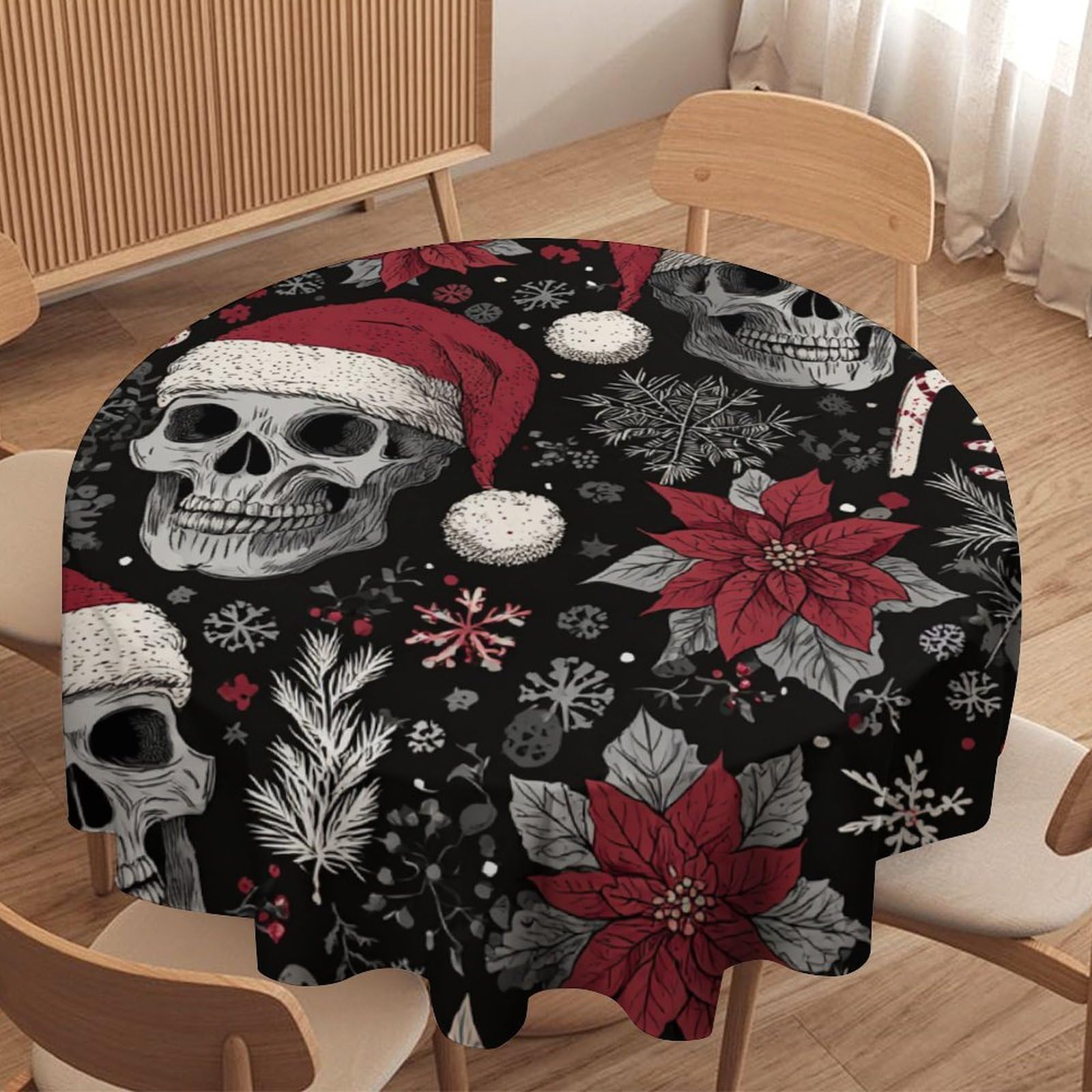 LUYYSKY Rustic Funny Skull Waterproof Round Tablecloth Classic Oil Painting Christmas Skull Skeleton Snowflake Pattern Washable Table Cover for Kitchen-177.8" Wx177.8 L cm