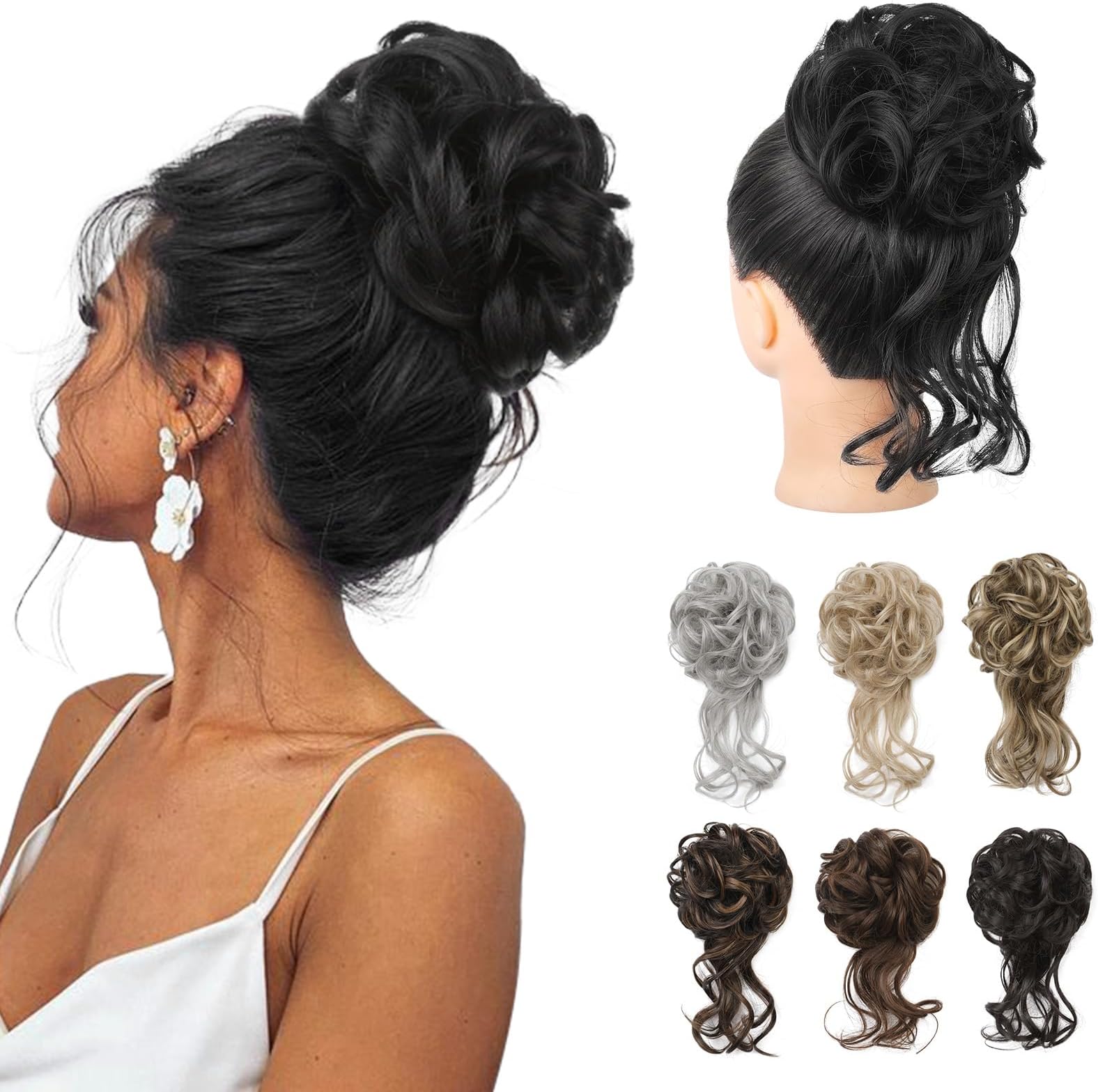 REECHO Messy Bun Hair Piece, Tousled Updo Elastic Hair Bun Hair Piece for Women Synthetic Messy Hair Bun Donut Accessories Scrunchies - Black