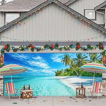 6X8ft Summer Hawaiian Garage Door Banner, Summer Garage Door Cover Hanging Beach Scenery Backdrop Decoration, Tropical Pool Party Indoor Outdoor Background Decor