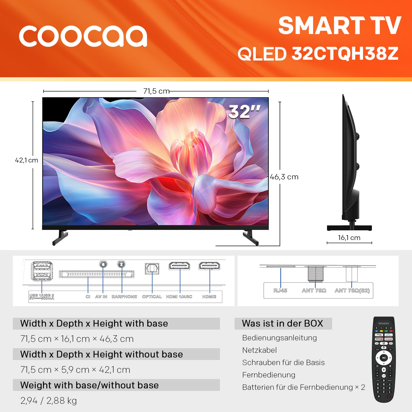 coocaa 32 Zoll Fernseher, 80cm, Smart TV mit Superior QLED Tech, HDR10, HLG, 1.5GB RAM für flüssiges Streaming, Dolby Audio, Triple Tuner DVB-T/-T2/-C/-S/-S2 CI+, Bluetooth 5.1, 32CTQH38Z, 2026