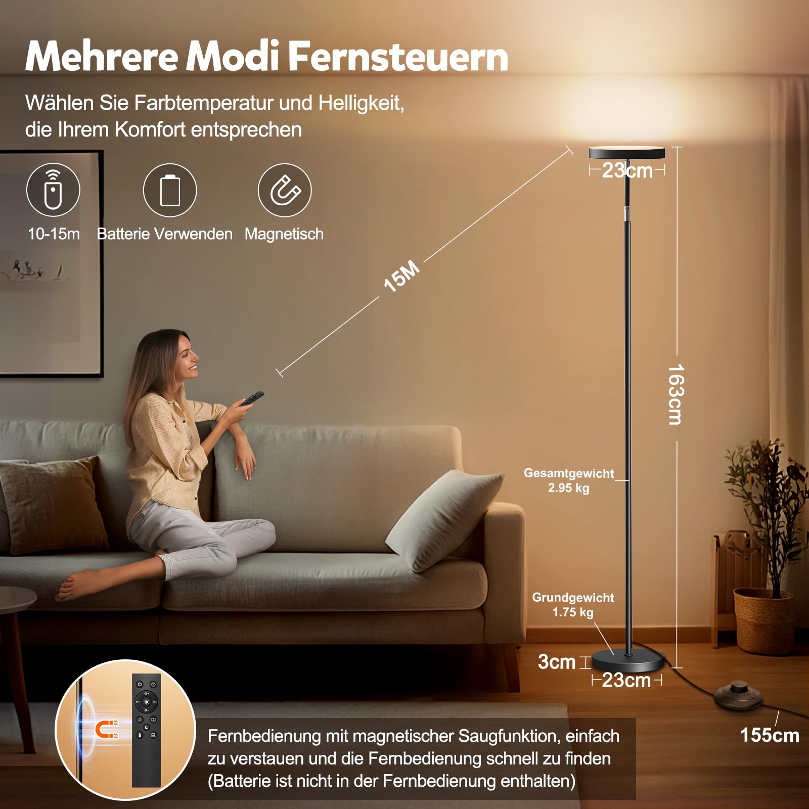24W Deckenfluter LED Dimmbar 163cm,2600 Lumen Stehlampe Dimmbar mit Memory-Funktion,2700K-6500K Leselampe Stehlampen Schwarz,LED Stehlampe 1H Timer mit Fernbedienung für Schlafzimmer,Büro