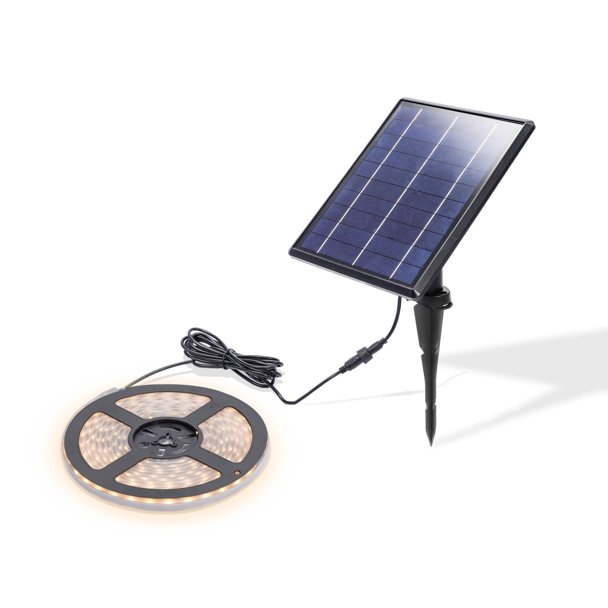 Esotec Solar LED Lichtband warmweiß, LED-Stripes, 5m, 300 LEDs, Akku, Solarmodul, Erdspieß, Gartenlicht, Lichtschlauch, Weihnachtsbeleuchtung, warmweiß, 3000K, IP54, außen, wetterfest, 102710
