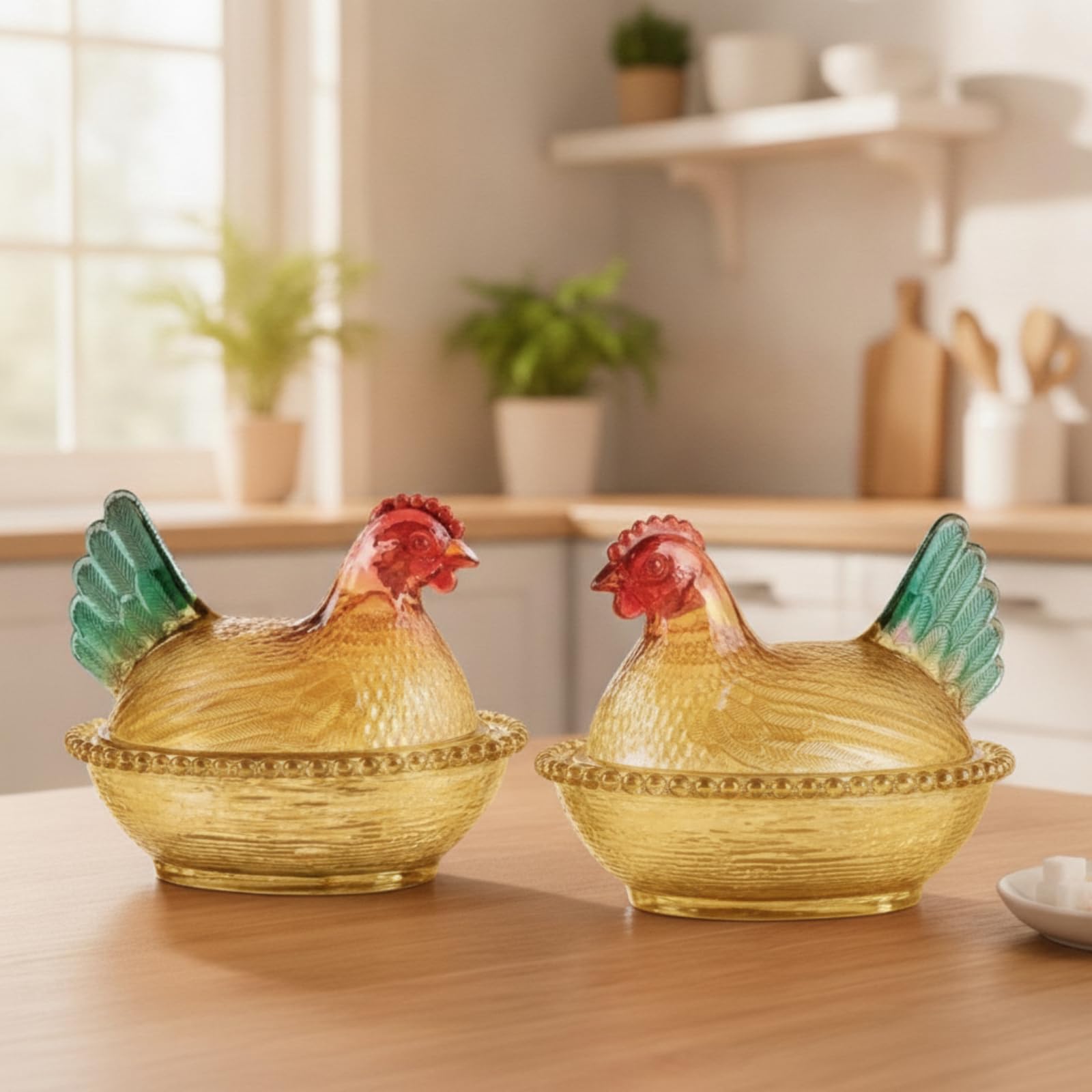 2 Pcs Vintage Glass Hen on Nest Dish with Lid