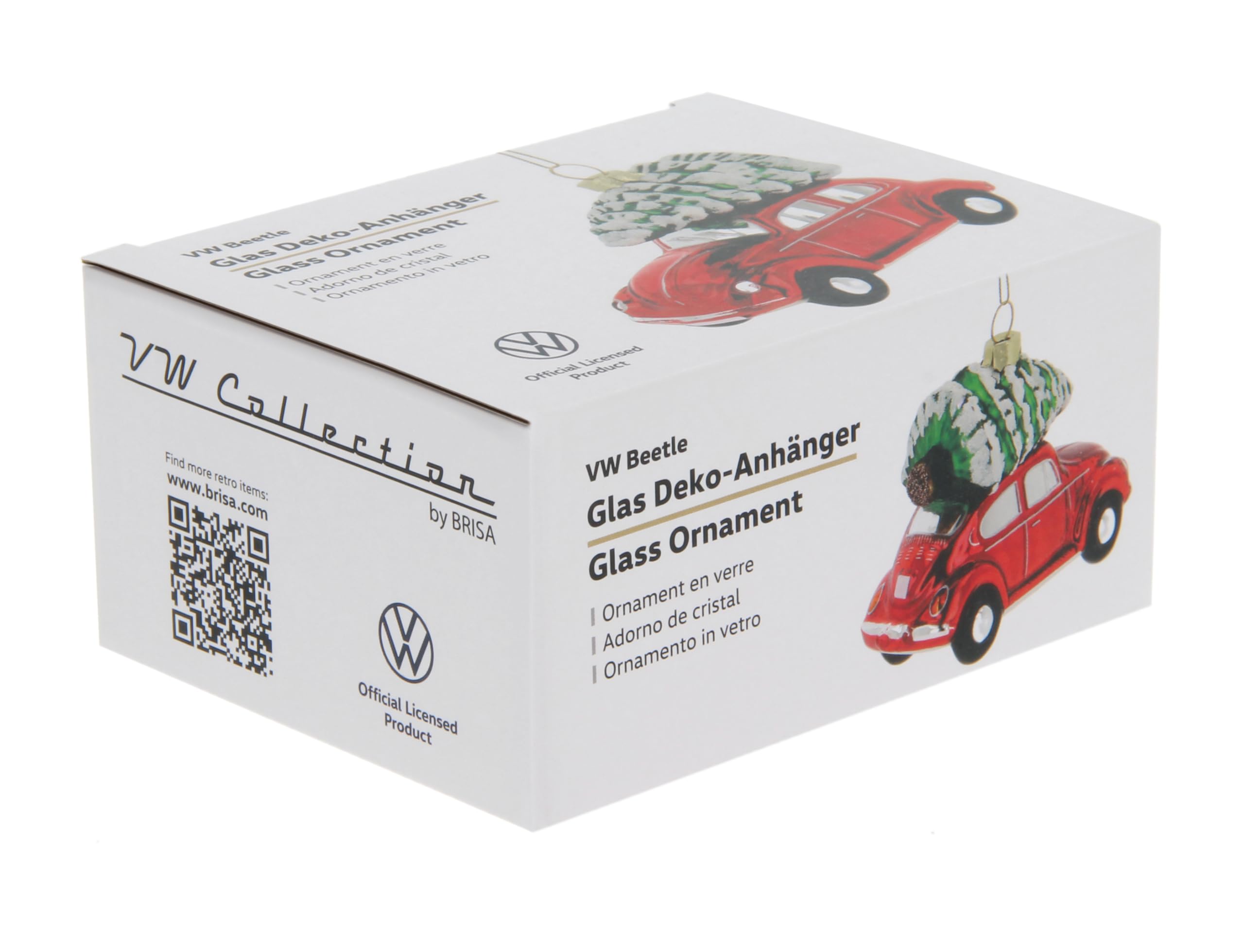 BRISA VW Collection – Volkswagen Beetle ozdoba bożonarodzeniowa i dekoracja ze szkła w pudełku prezentowym (skala 1:40, czerwony z drzewkiem)