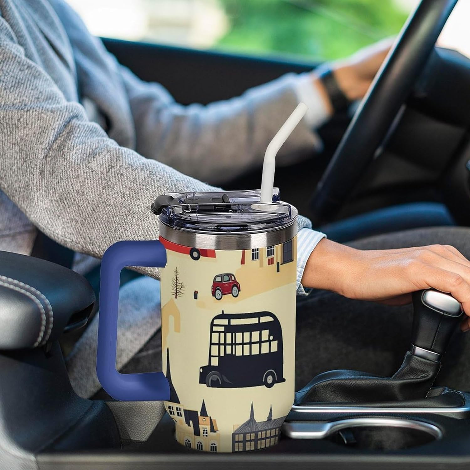 London England Souvenir UK 40 Oz Tumbler with Handle Stainless Steel Insulated Tumbler Leakproof Travel Cup Deep Blue-style