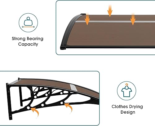 Miniatura 8 de MCombo 39.8" x 37.8" Toldo de ventana de policarbonato para exterior, lámina hueca para puerta de patio, 6055-4040 (Tablero marrón con soporte negro)