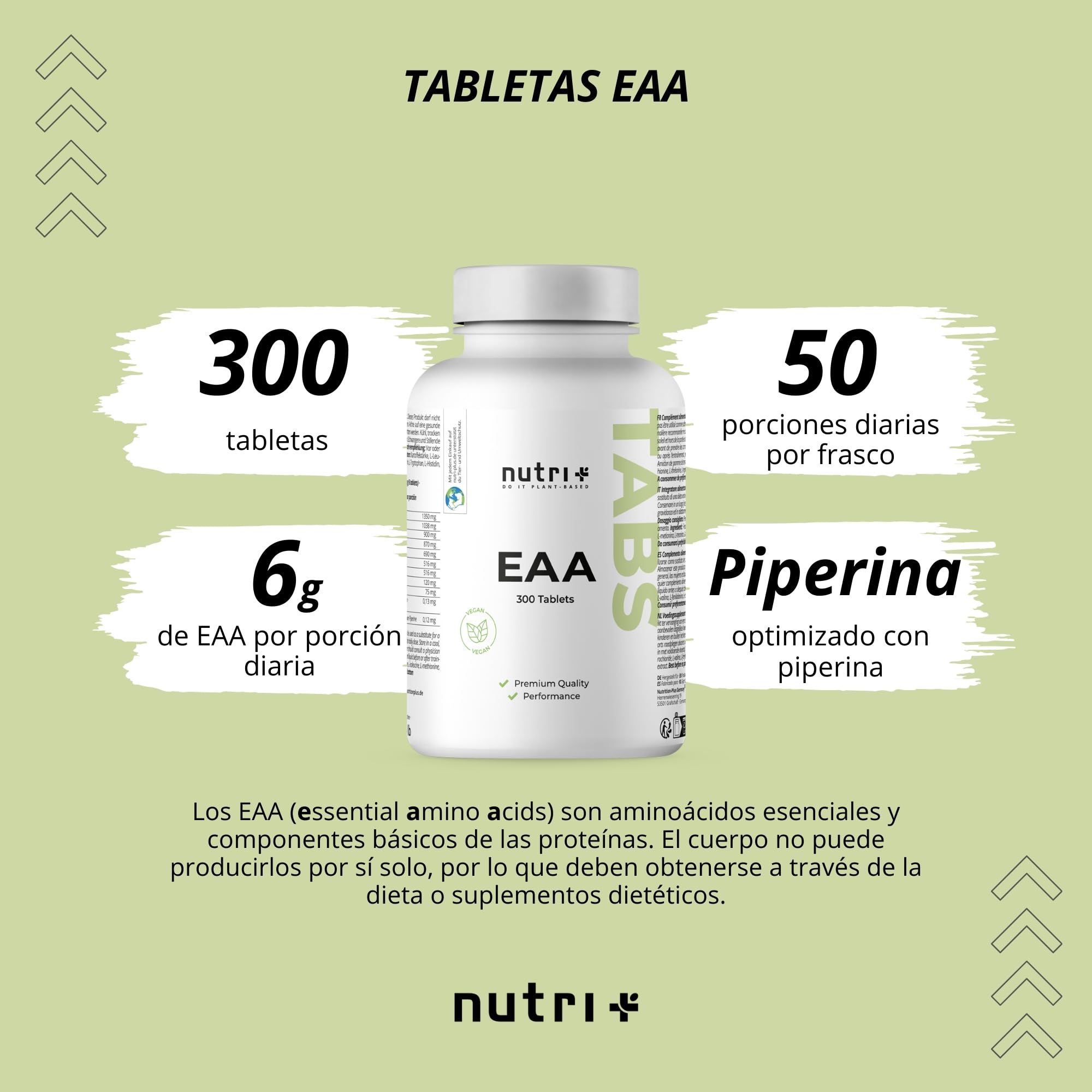 Nutri + EAA Comprimidos Alta Dosis Veganos - 300 Tabletas de 1025 mg - Aminoácidos Esenciales para Desarrollo Muscular - Suplemento de Aminoácido