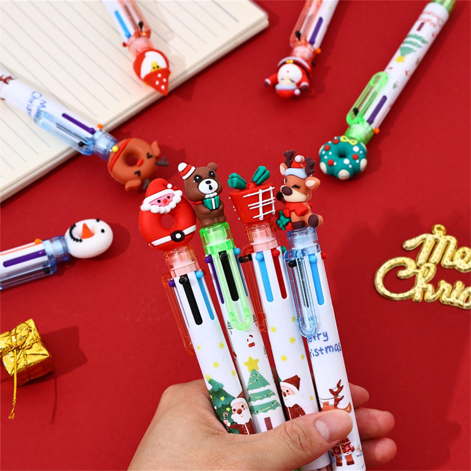 10Pcs Christmas Multicolored Ballpoint Pens 6-in-1 Retractable Ballpoint Pen Snowman Reindeer Christmas Tree Quick Dry Smooth Writing Pen — view 4