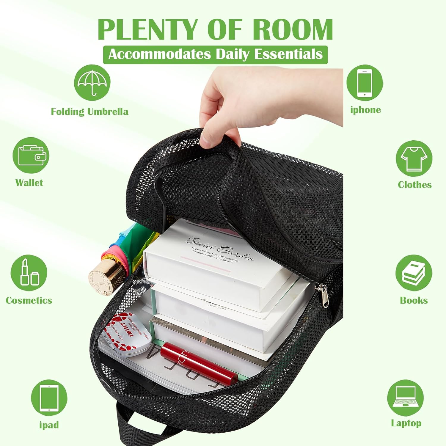 gdbis Heavy Duty Mesh Backpack, Semi- Transparent College Bookbag with Adjustable Padded Shoulder Straps, Lightweight Casual Daypack for College Workpalce Security - Black - Image 4