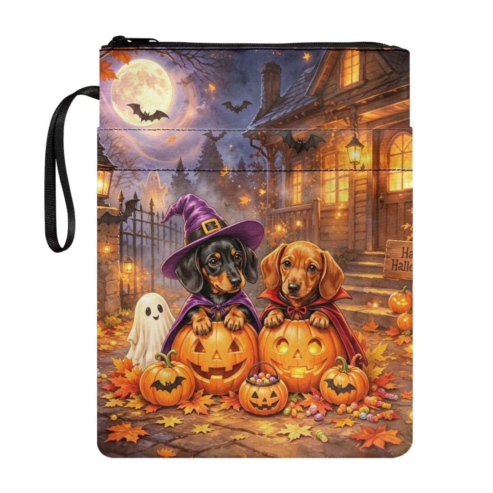 Poceacles Polyester Book Covers for Hardcover Portable Bible Pouch Book Sleeve with Zipper and Extra Pocket for Halloween Decor, Wizard Hat Dachshund Dog Ghost Pumpkin