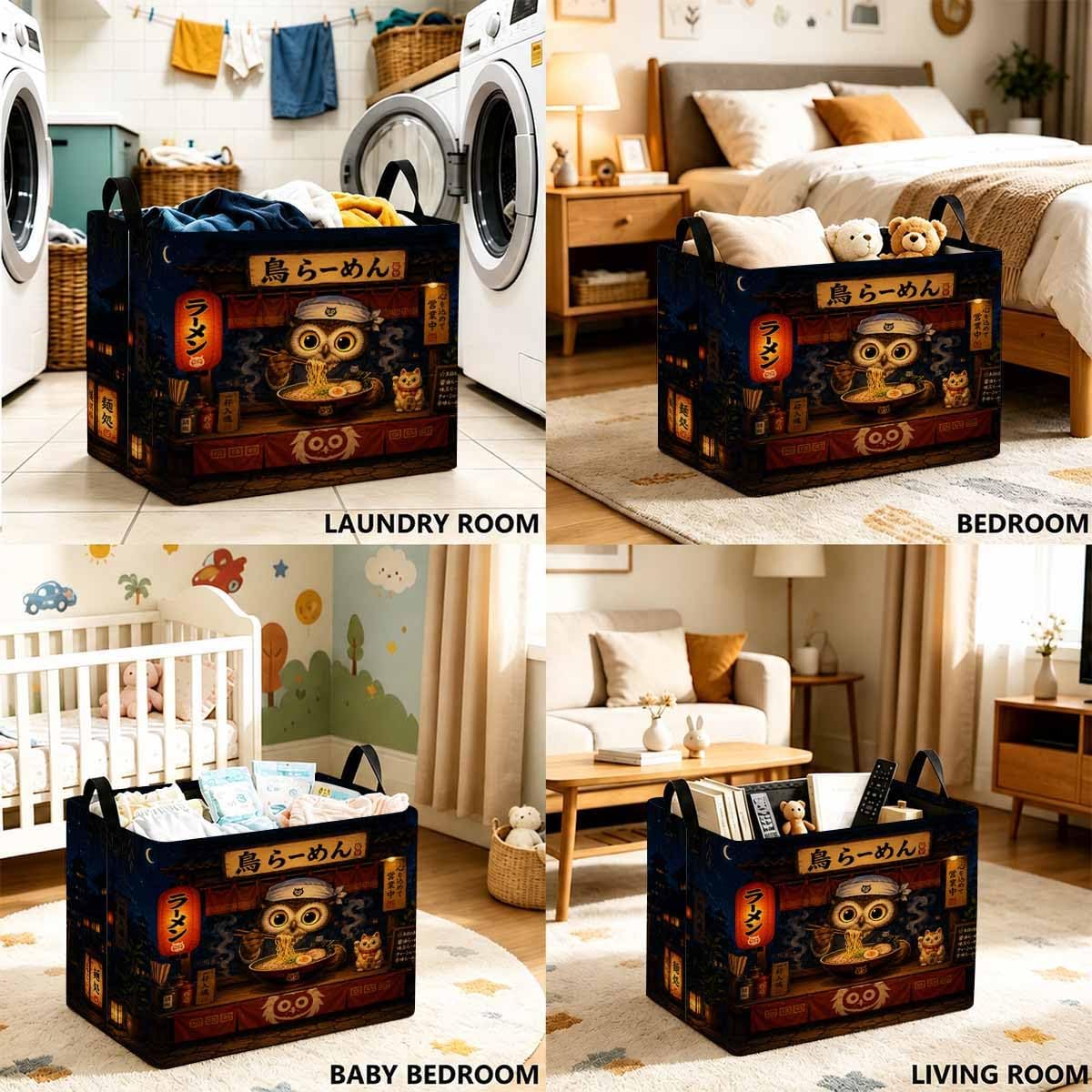 Large 56L Storage Basket, Owl Ramen Shop Decorative Baskets with Handles image 5