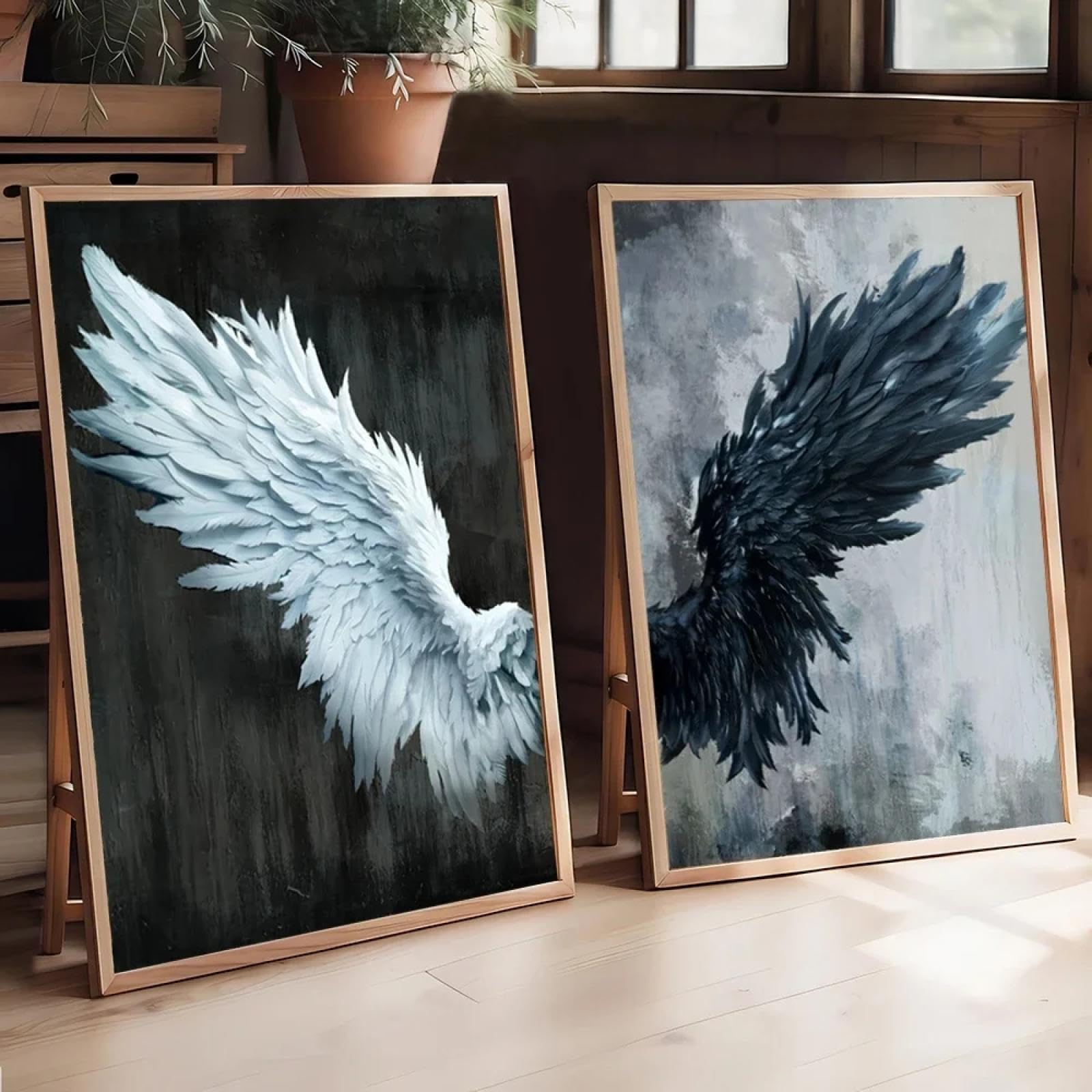 2 carteles de alas en blanco y negro, impresiones de pintura en lienzo, arte de pared vintage abstracto para sala de estar, decoración del hogar sin marco, 70 x 100 cm (28 x 39 pulgadas) X2 sin marco