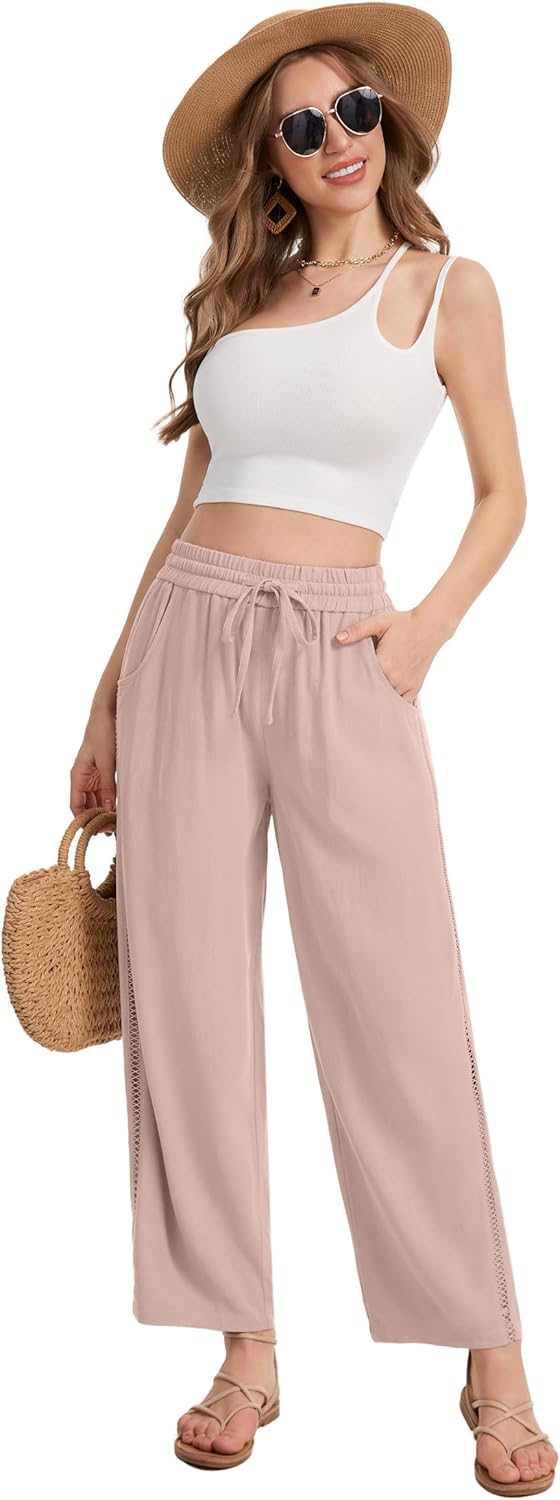 Womens Baggy Wide Leg Linen Cropepd Pants Casual Elastic Drawstring Waisted Harem Pants with Pockets