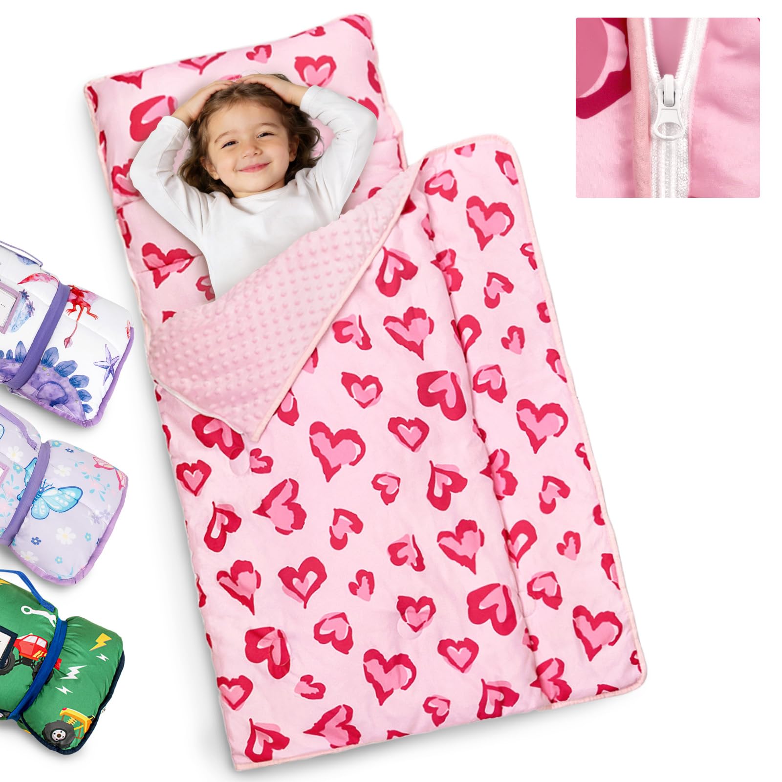 Primlect Toddler Nap Mat with Pillow, Thickened Extra Large Sleeping Bag | 55''x35'' Sleeping Mat with Detachable Blanket, Washable, Roll up, Perfect for Daycare, Preschool, Kindergarten, Pink Heart